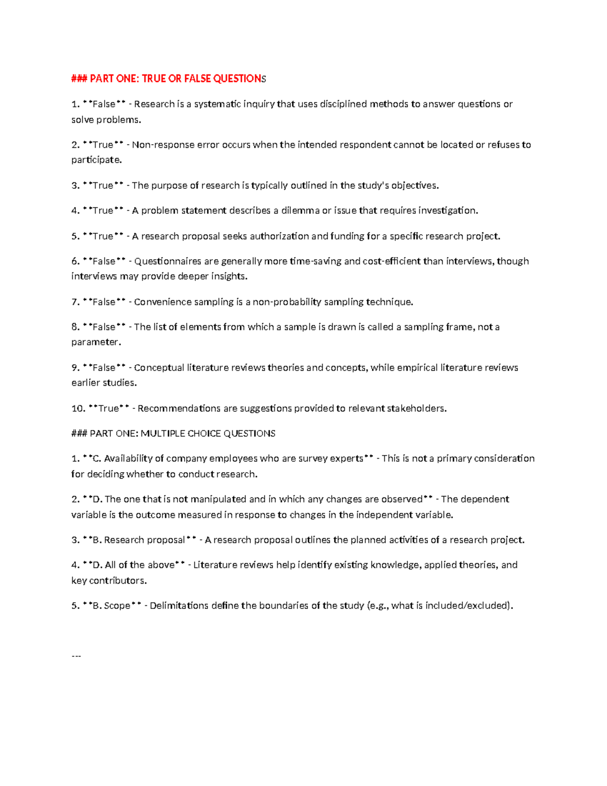 PART ONE: TRUE OR FALSE & MC QUESTIONS - RESEARCH METHODS - Studocu