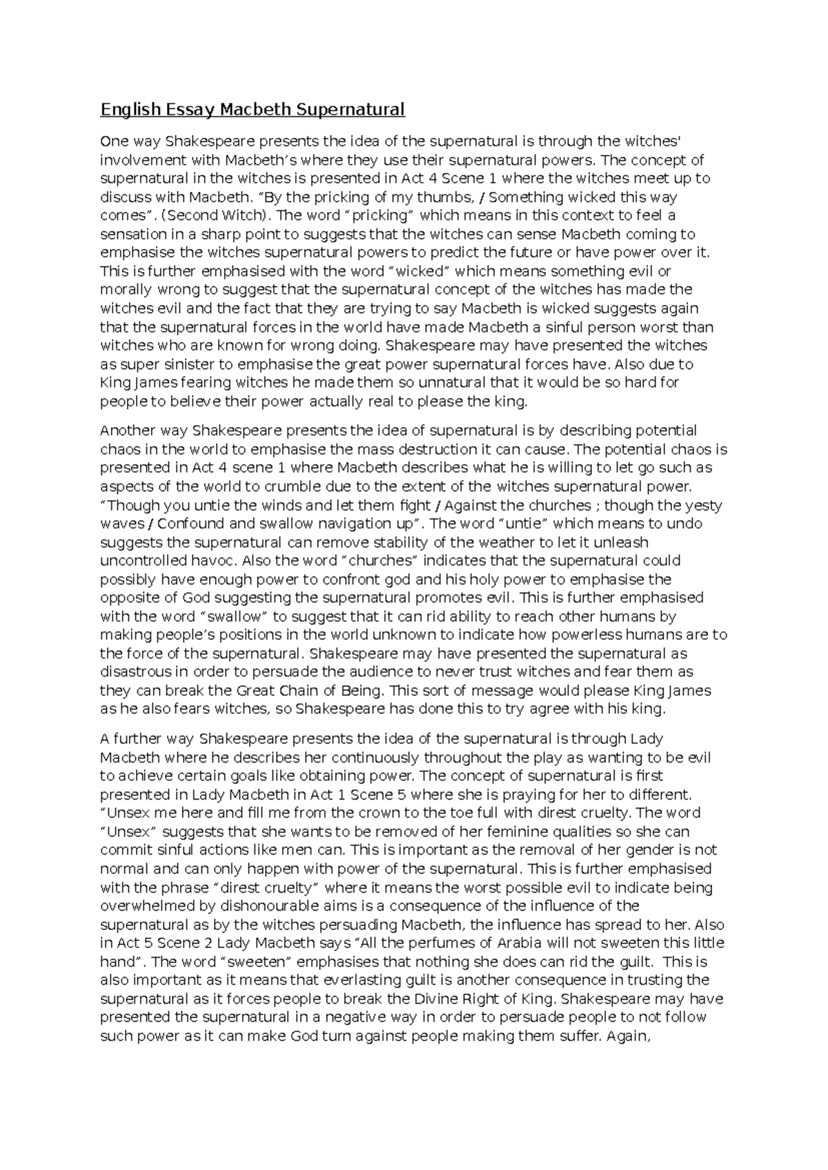English Essay Notes: The Supernatural in Macbeth (ENG101) - Studocu