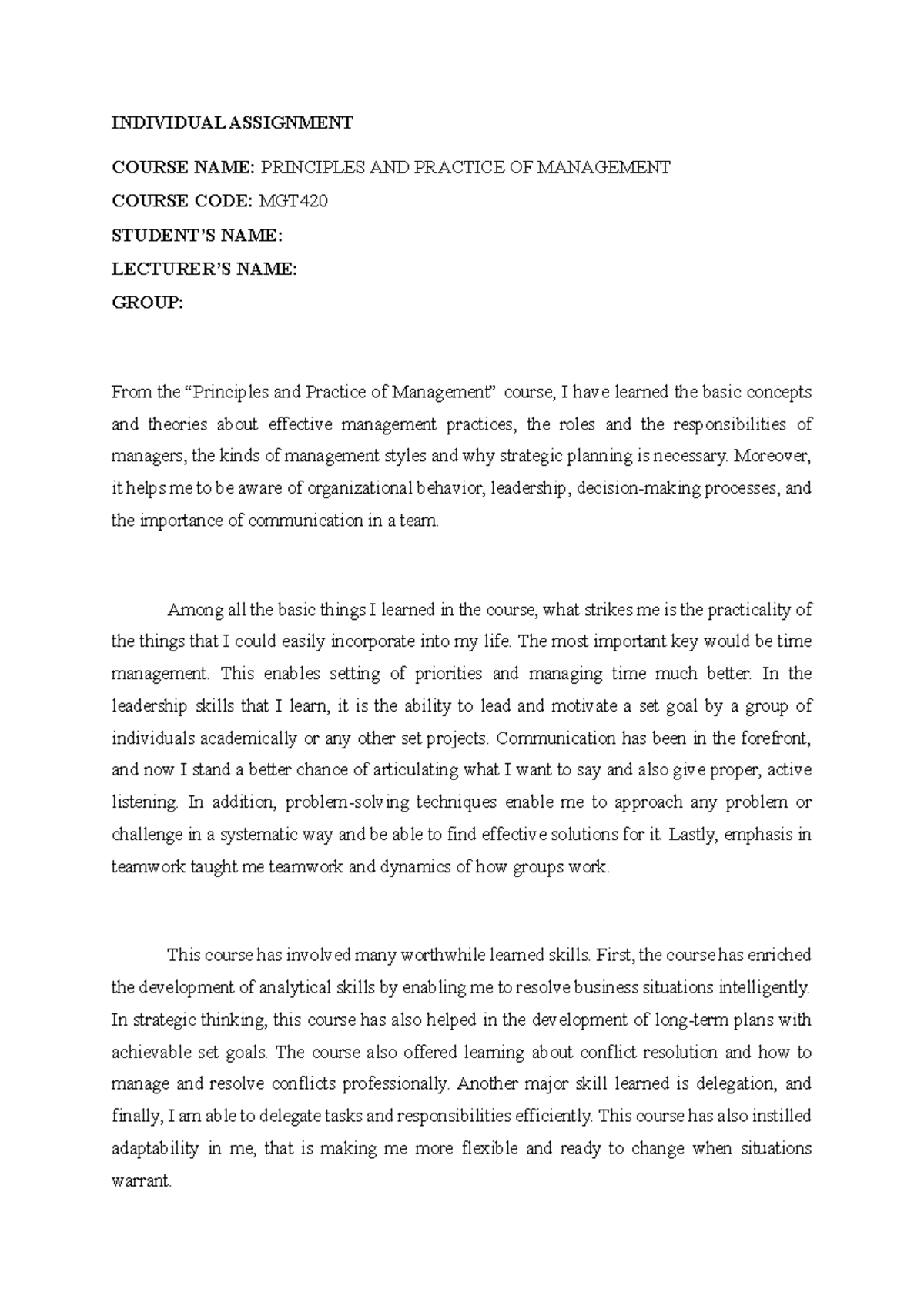 MGT420 Individual Assignment: Insights on Management Practices - Studocu