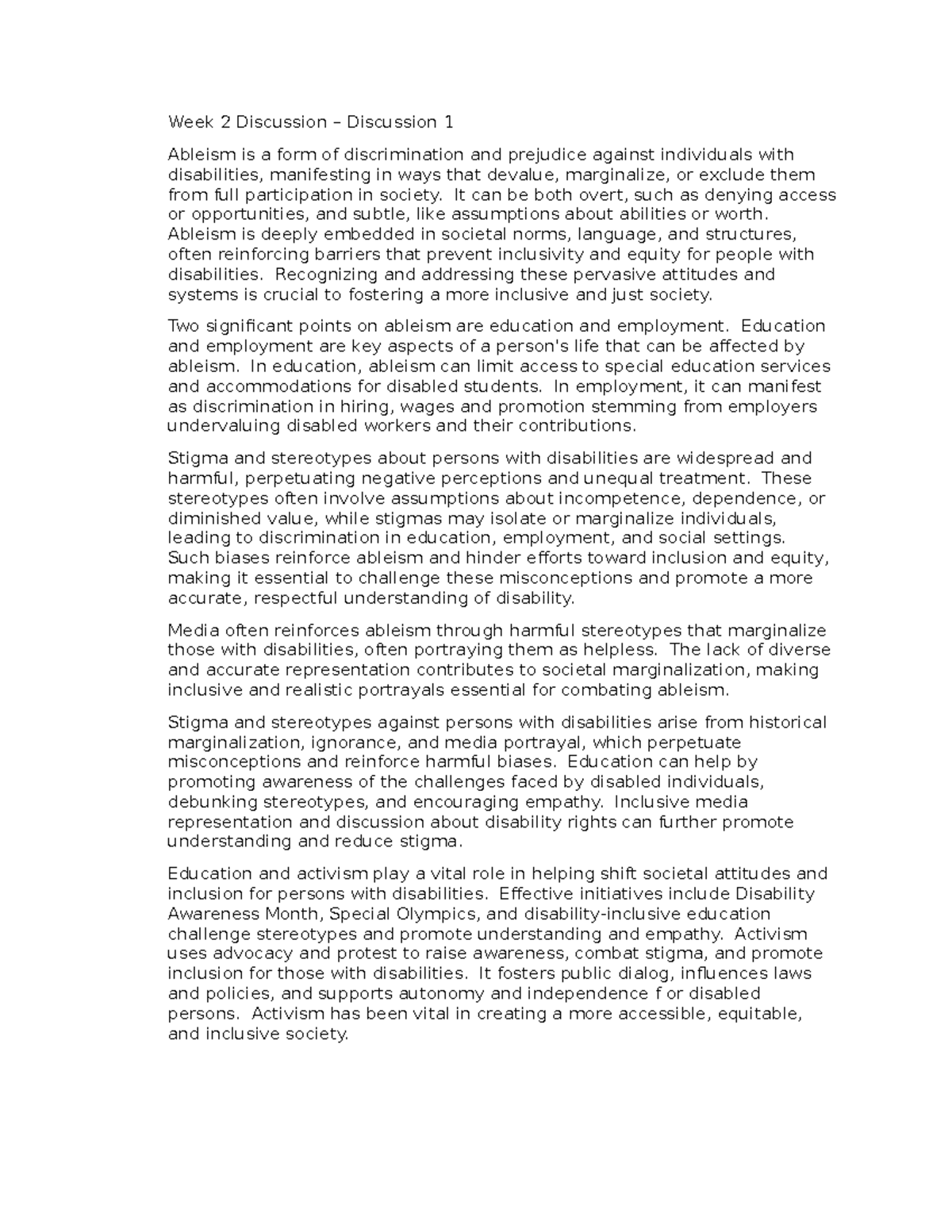 Week 2 Discussion - Week 2 Discussion – Discussion 1 Ableism is a form ...