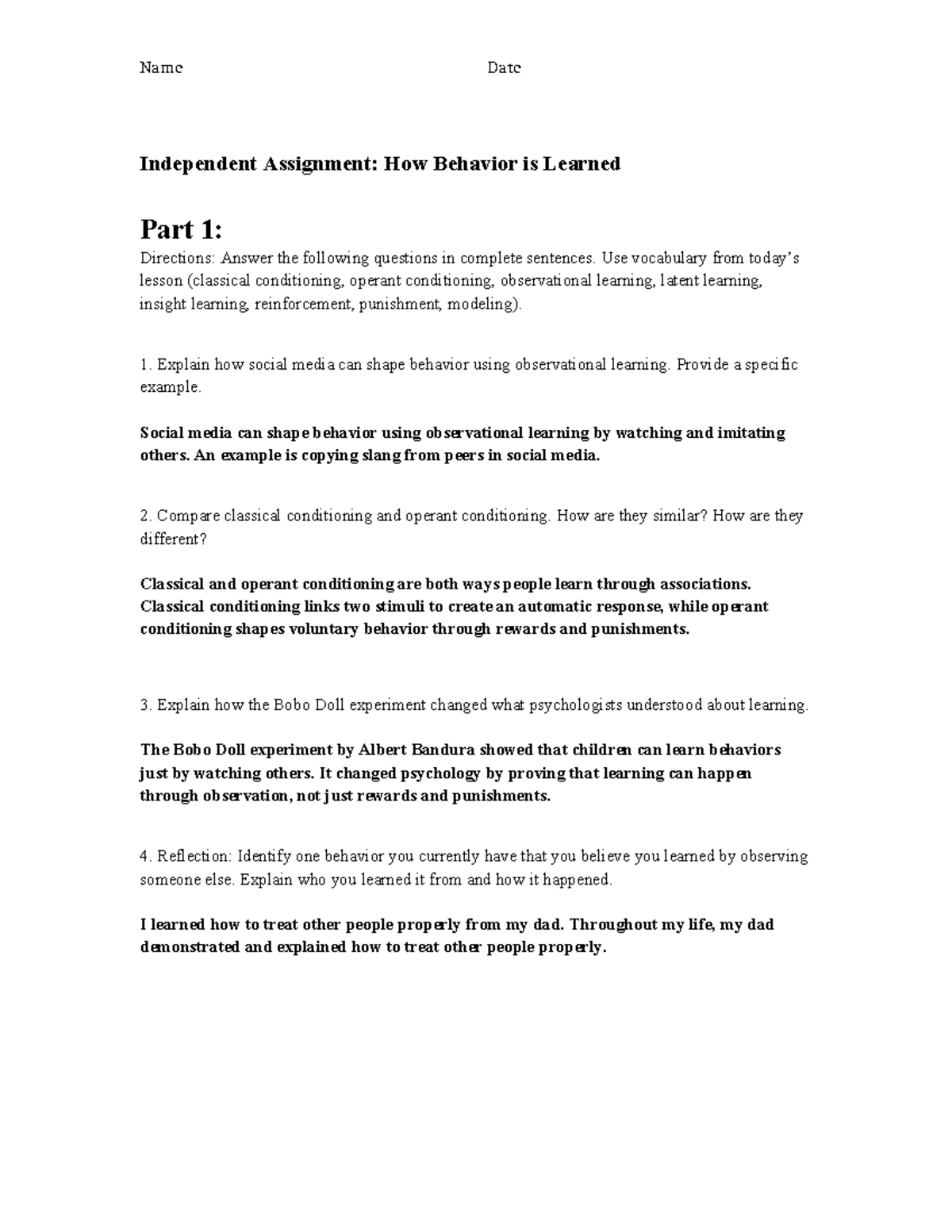 PSY101 Independent Assignment: Learning Through Observation and ...