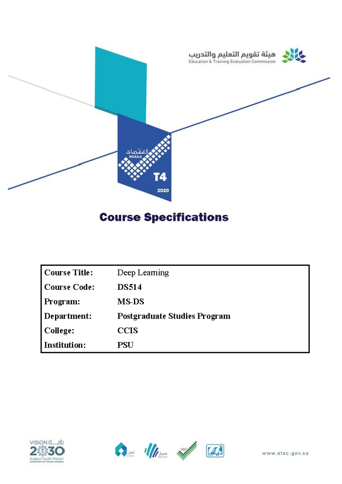 DS514 Deep Learning Course Specs - Course Title: Deep Learning Course ...