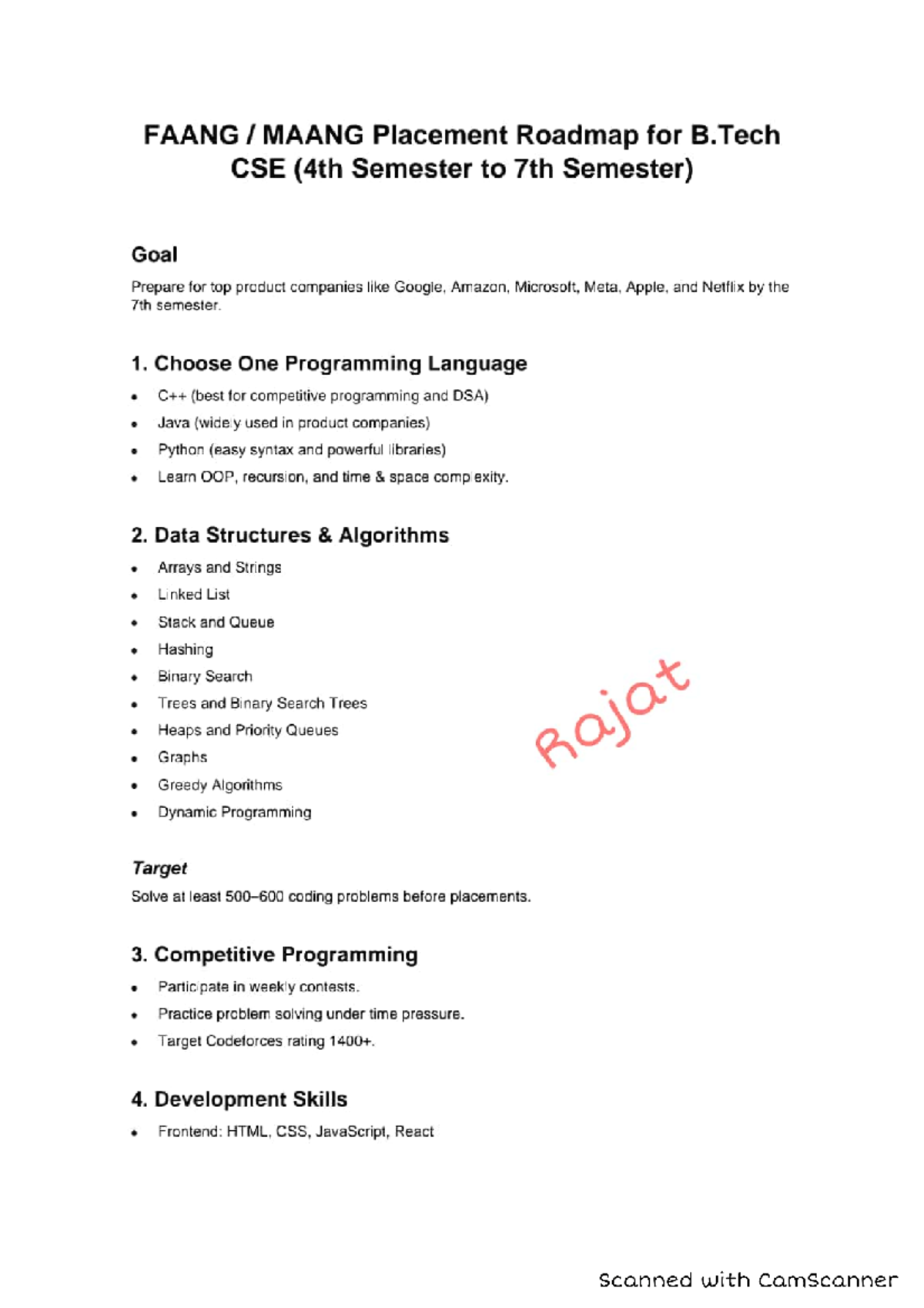 FAANG MAANG Placement Roadmap for B. Tech CSE (Sem 4-7) - Studocu