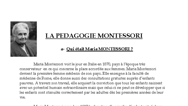 LA PEDAGOGIE MONTESSORI : Vie et Œuvre de Maria Montessori - Studocu