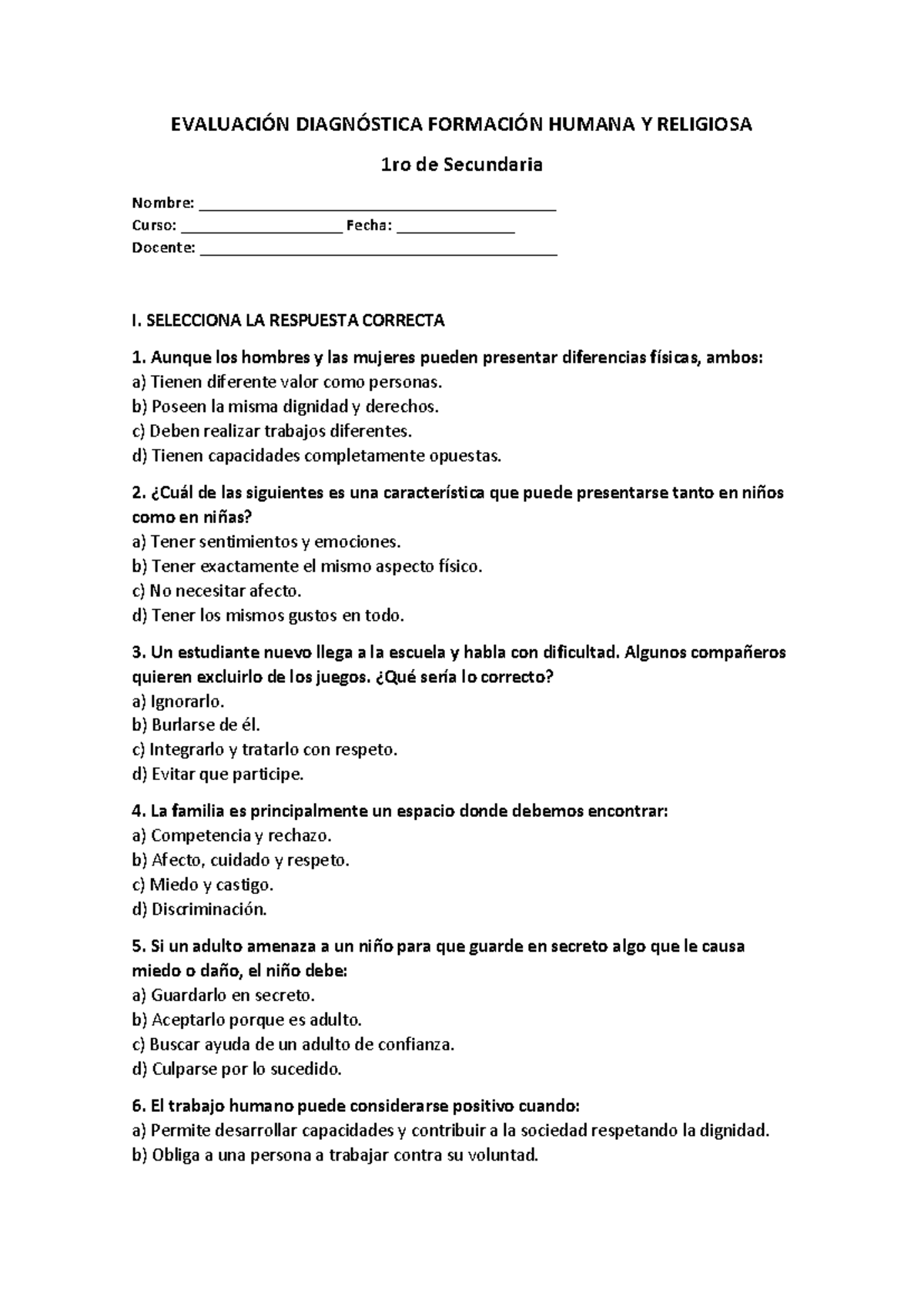Evaluación Diagnóstica 1ro FIHR: Formación Humana y Religiosa - Studocu