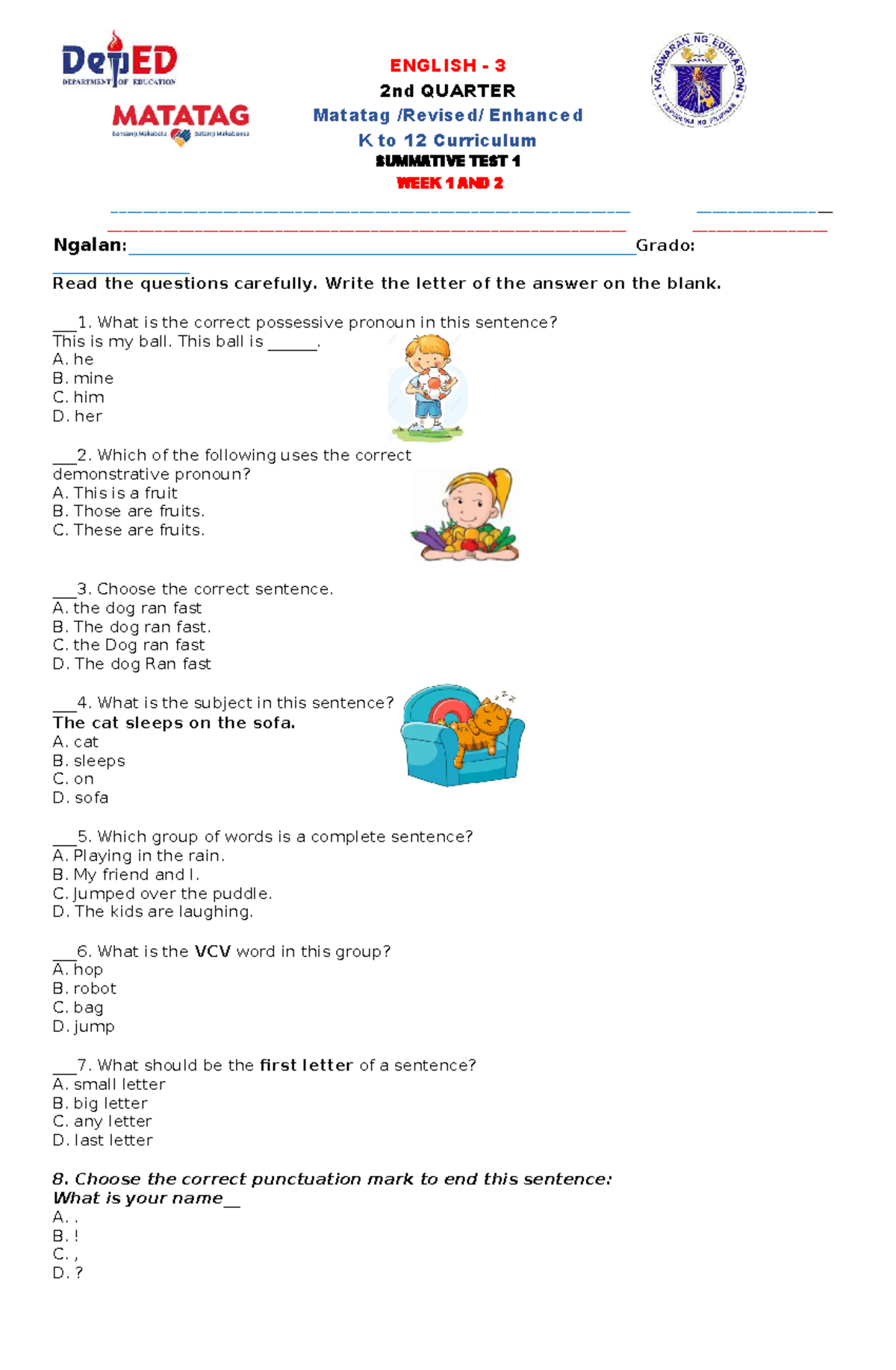 Q2 ENGLISH 3 SUMMATIVE TEST 1 REVIEWER (WEEKS 1 & 2) - Studocu