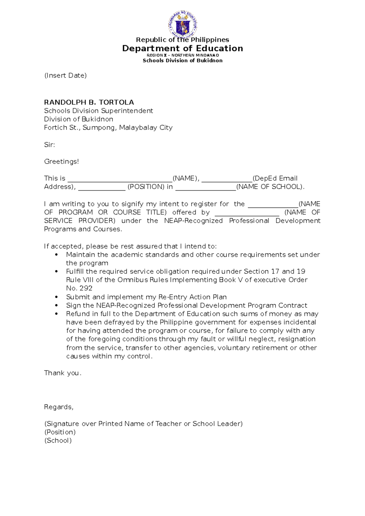 Letter of Intent Format for NEAP Professional Development Programs ...