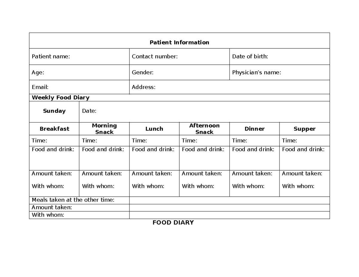 FOOD Diary: Weekly Patient Food Intake Log - Studocu