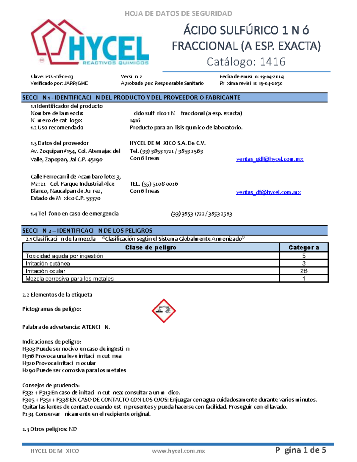 HOJA DE DATOS DE SEGURIDAD DEL ÁCIDO SULFÚRICO 1 N - CATÁLOGO 1416 ...
