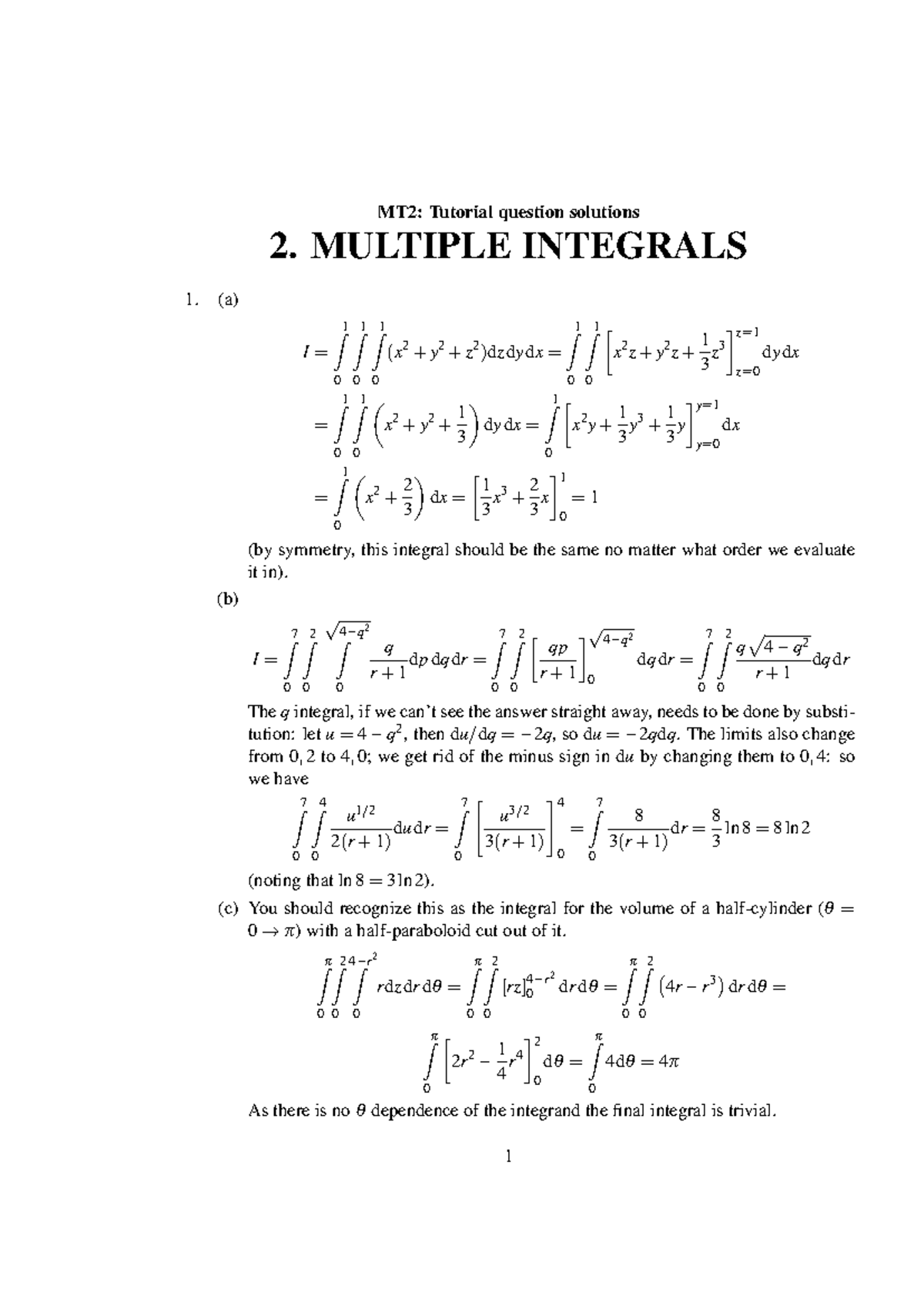 MT2 Tutorial Week 2 Solutions: Multiple Integrals Explained - Studocu