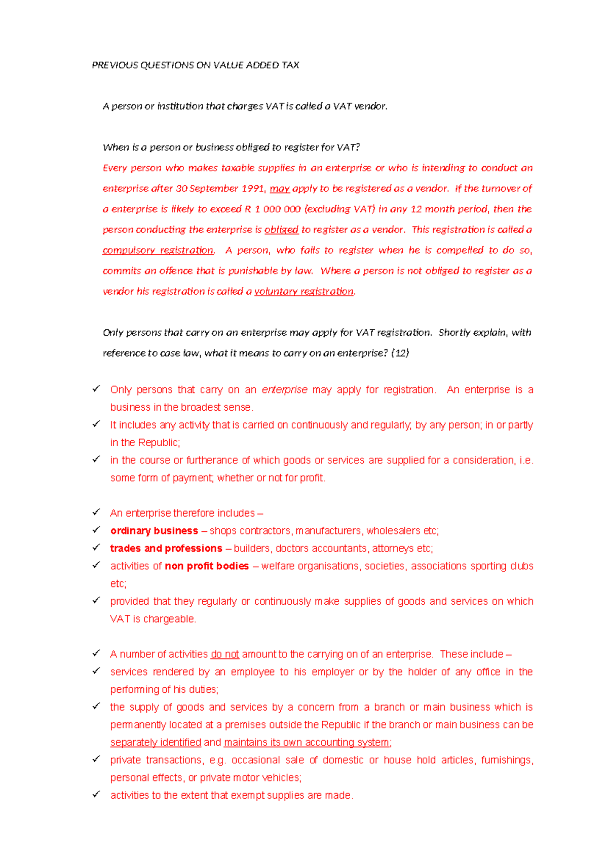 VAT Previous Questions and Answers for Exam Preparation - Studocu