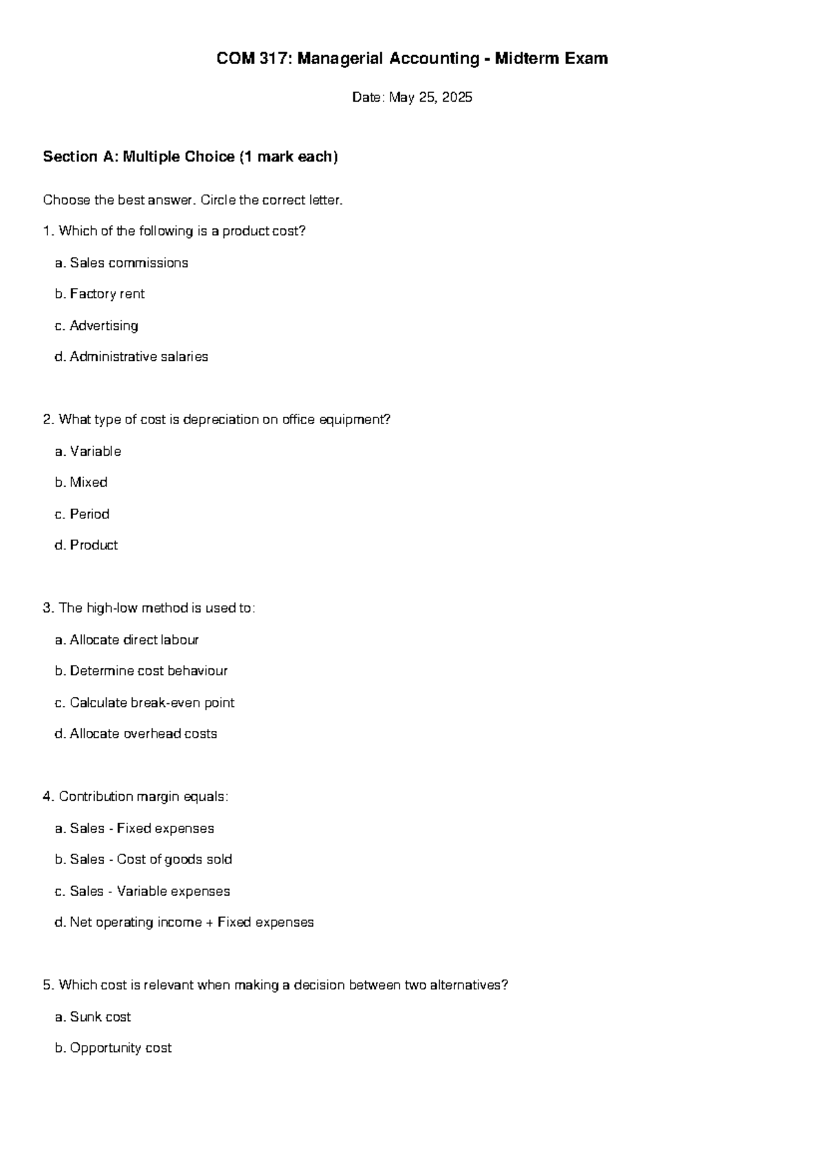 COM 317: Managerial Accounting Midterm Exam Review and Practice - Studocu