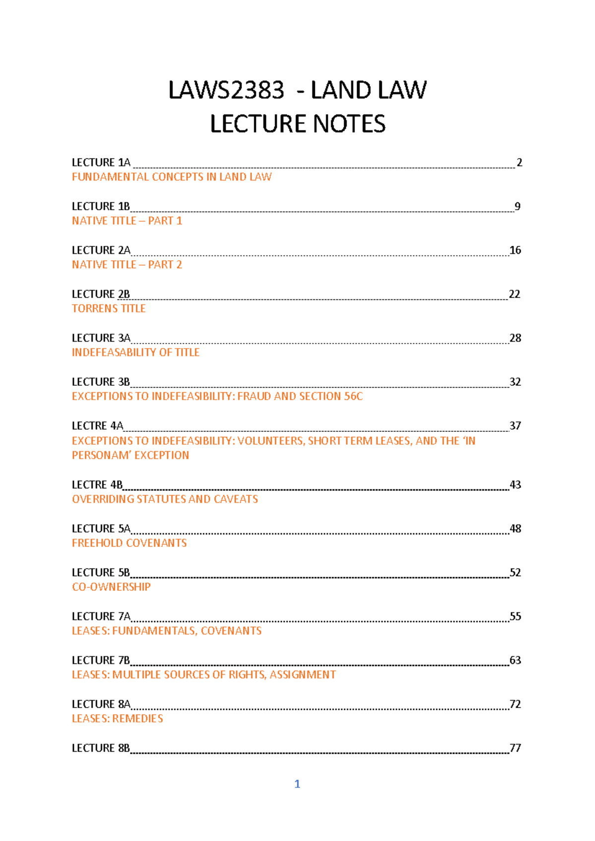 LAWS2383 - Comprehensive Land Law Lecture Notes Overview - Studocu