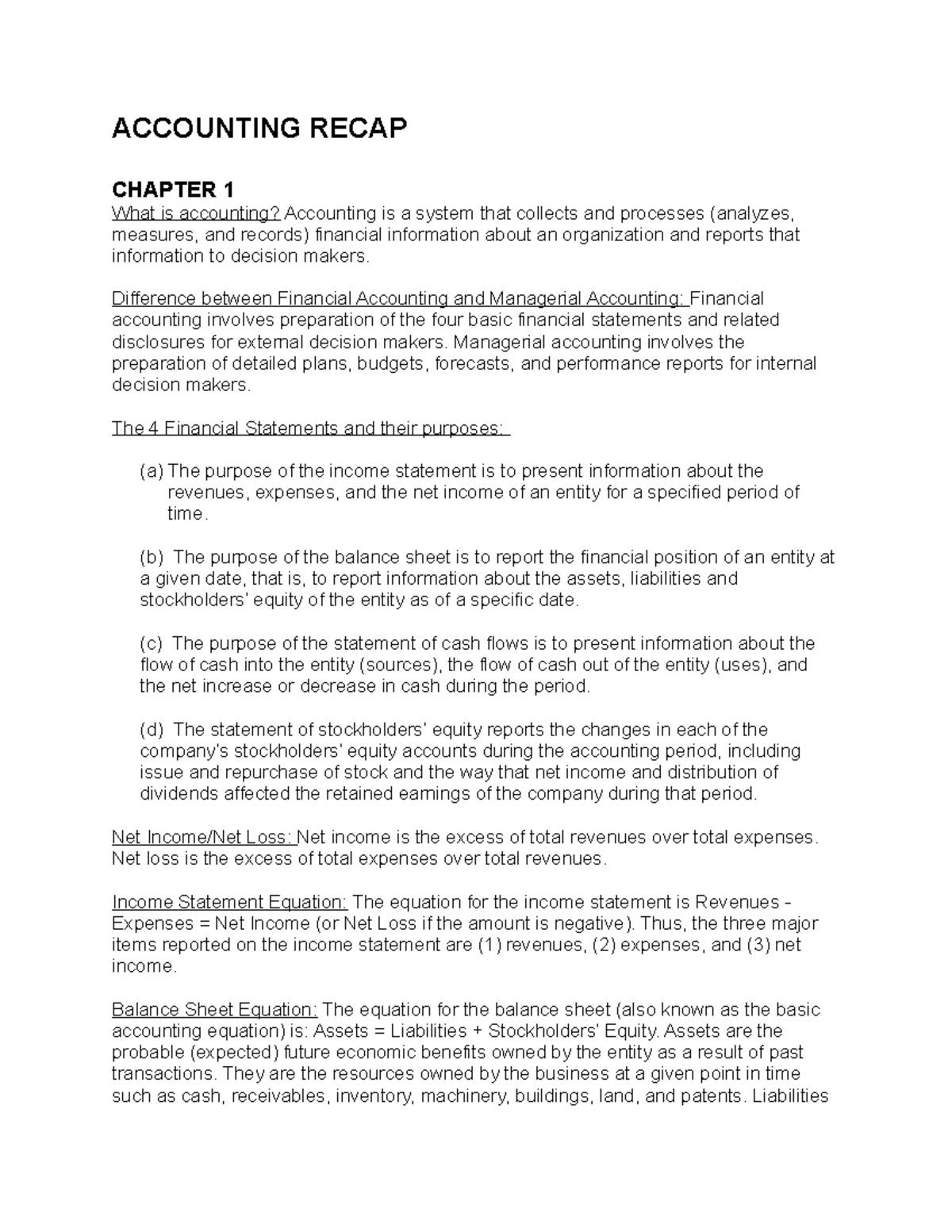 Accounting Recap - ACCOUNTING RECAP CHAPTER 1 What is accounting ...