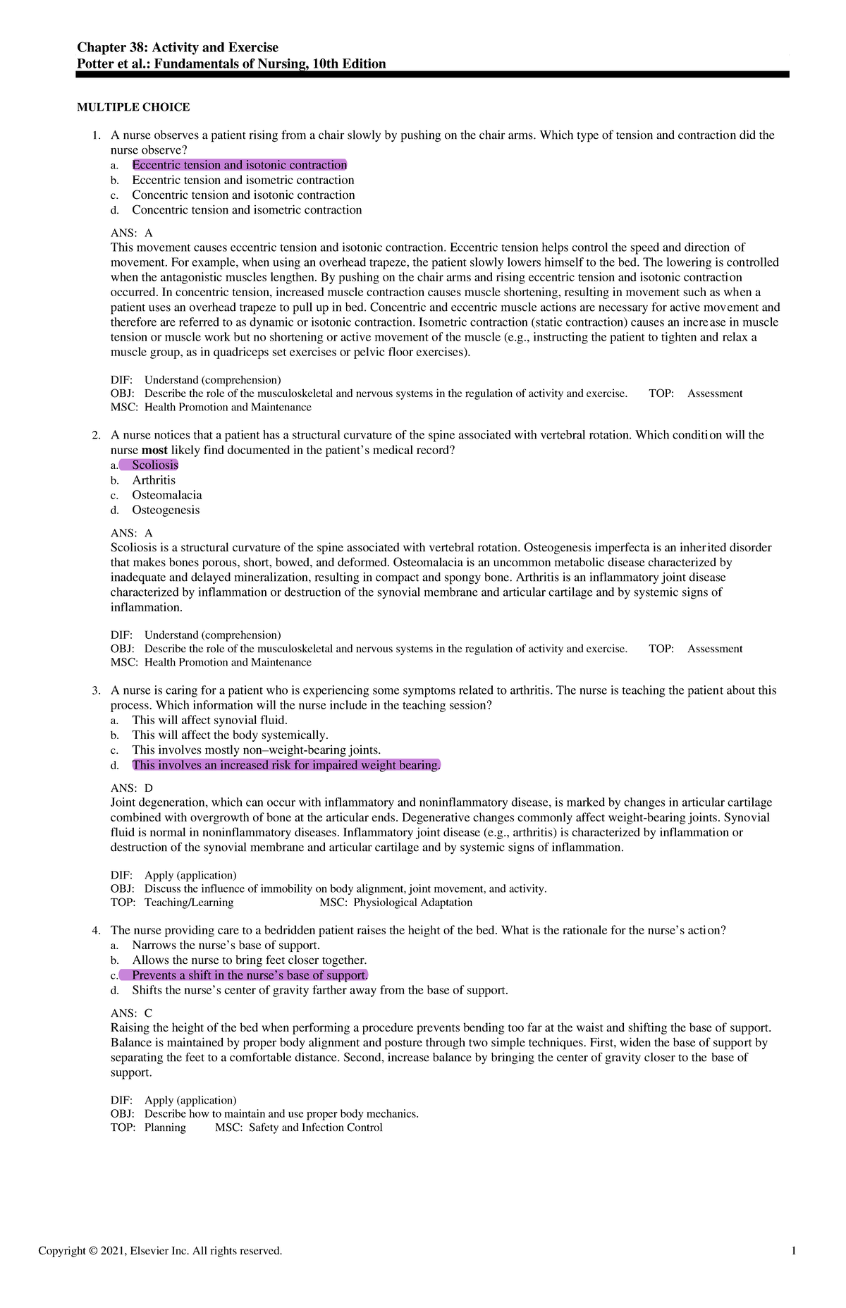 NUR 100: Exam Review - Chapter 38 Activity and Exercise Principles ...