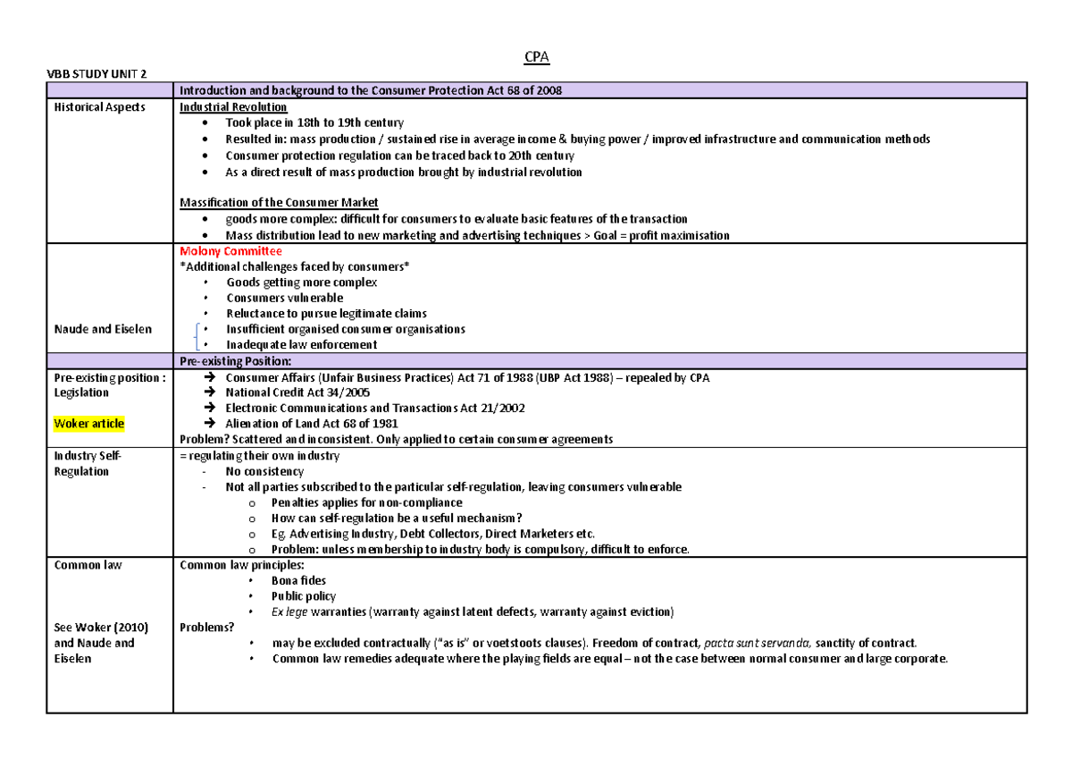 VBB EXAM NOTES: Consumer Protection Act & Historical Context - Studocu