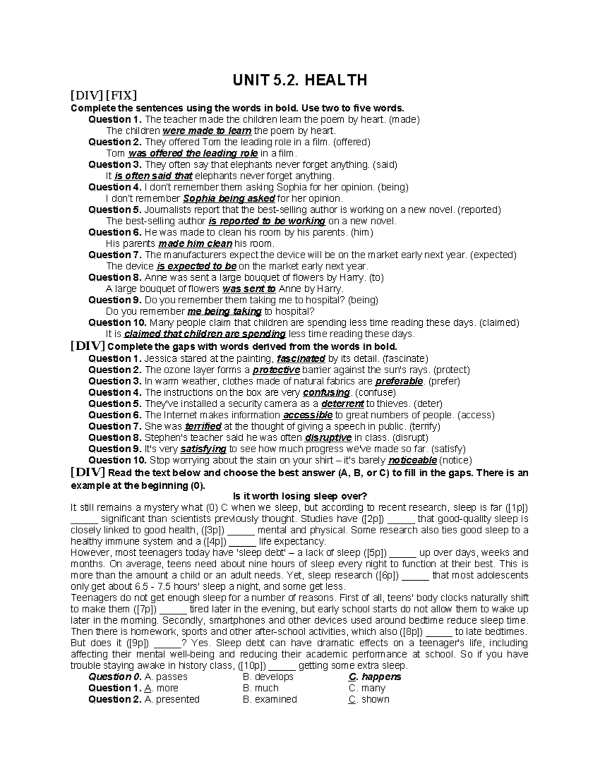 UNIT 5.2. Health - Sentence Completion and Gap-Filling Exercises - Studocu