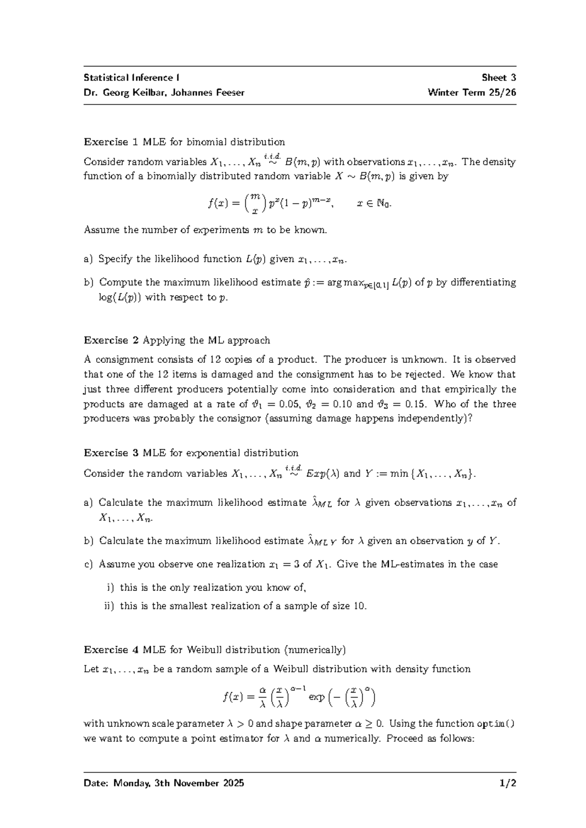 Statistical Inference I - Sheet 03: MLE Exercises and Solutions - Studocu