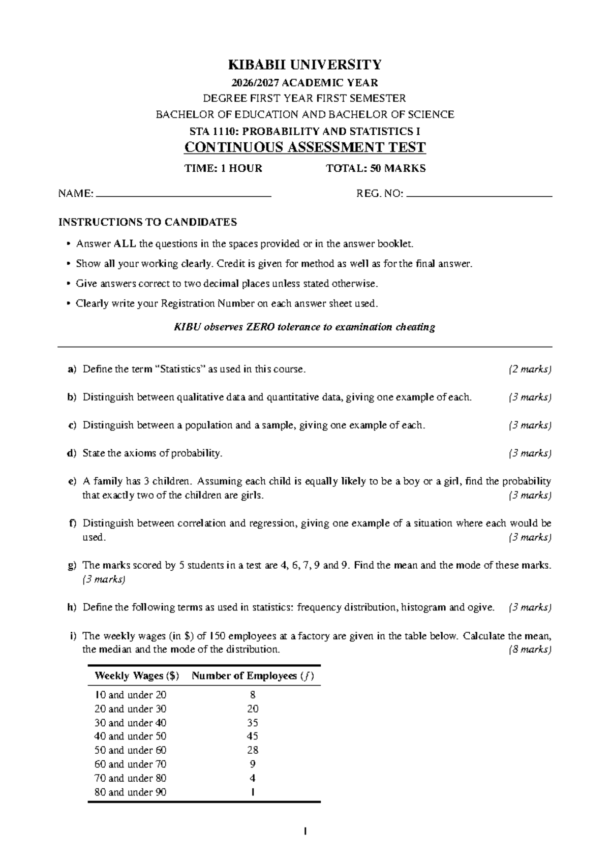 STA 1110 Continuous Assessment Test: Probability & Statistics I Notes ...