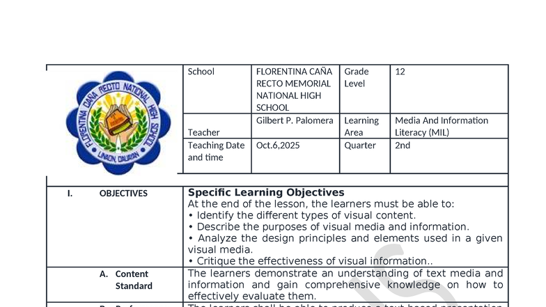 MIL 12 Lesson Exemplar: Understanding Visual Information & Media - Studocu