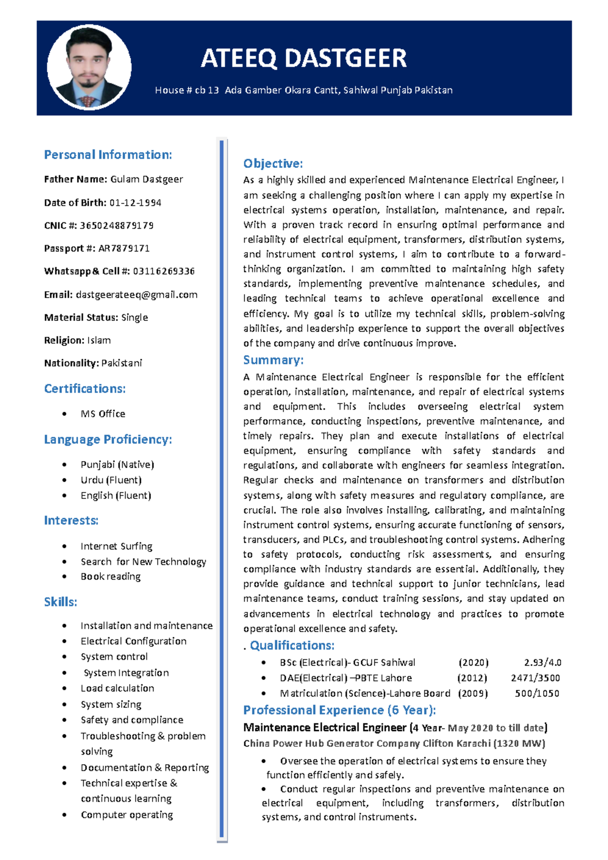 CV Ateeq Dastgeer - Maintenance Electrical Engineer in Power Plant ...