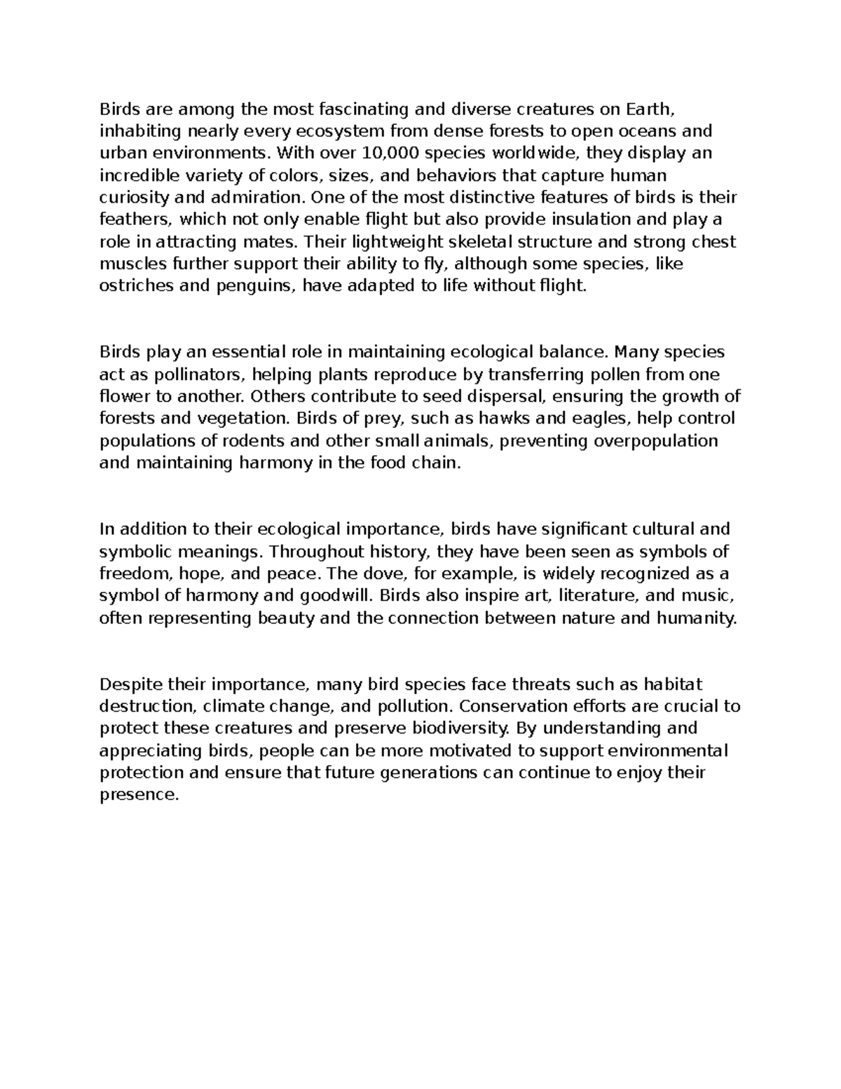 Essay on Birds: Diversity, Ecology, and Conservation - Studocu