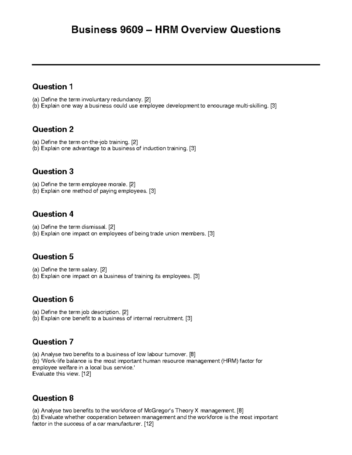 Business 9609 HRM Overview: Key Questions and Concepts - Studocu