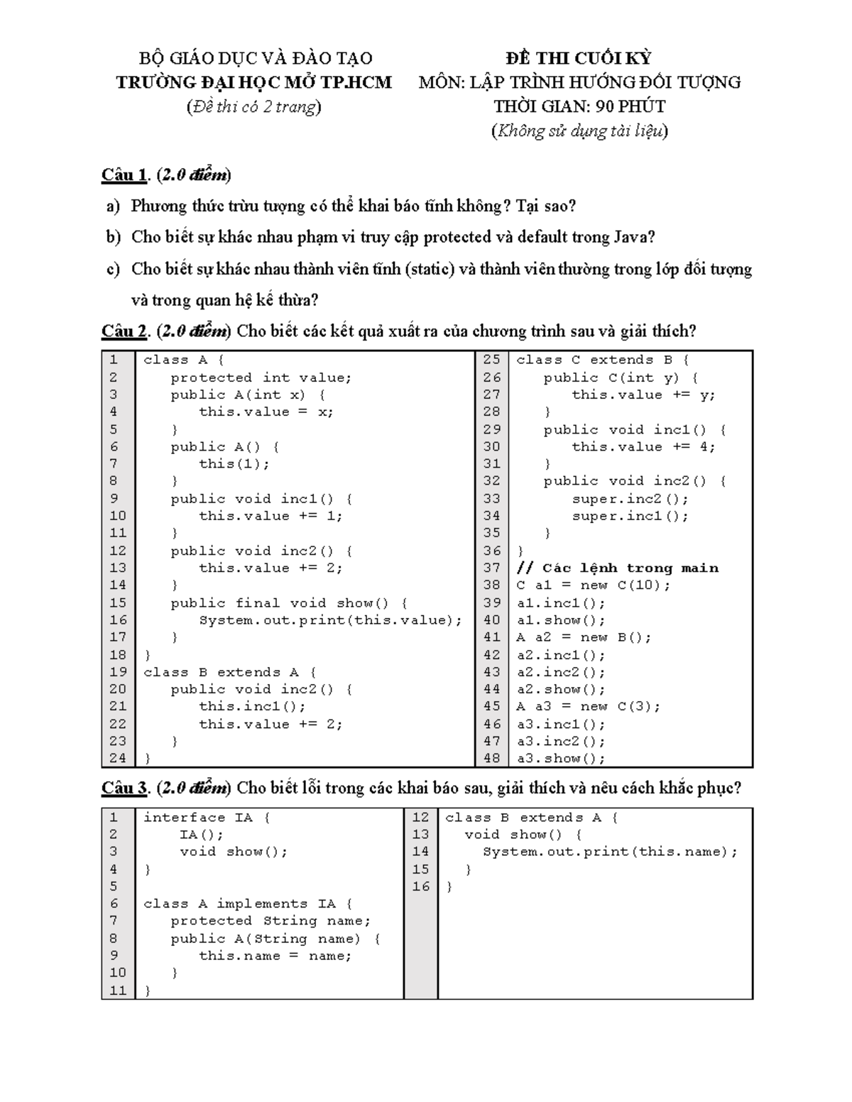 Đề Thi Cuối Kỳ Môn: Lập Trình Hướng Đối Tượng - LTHDT101 - Document Preview