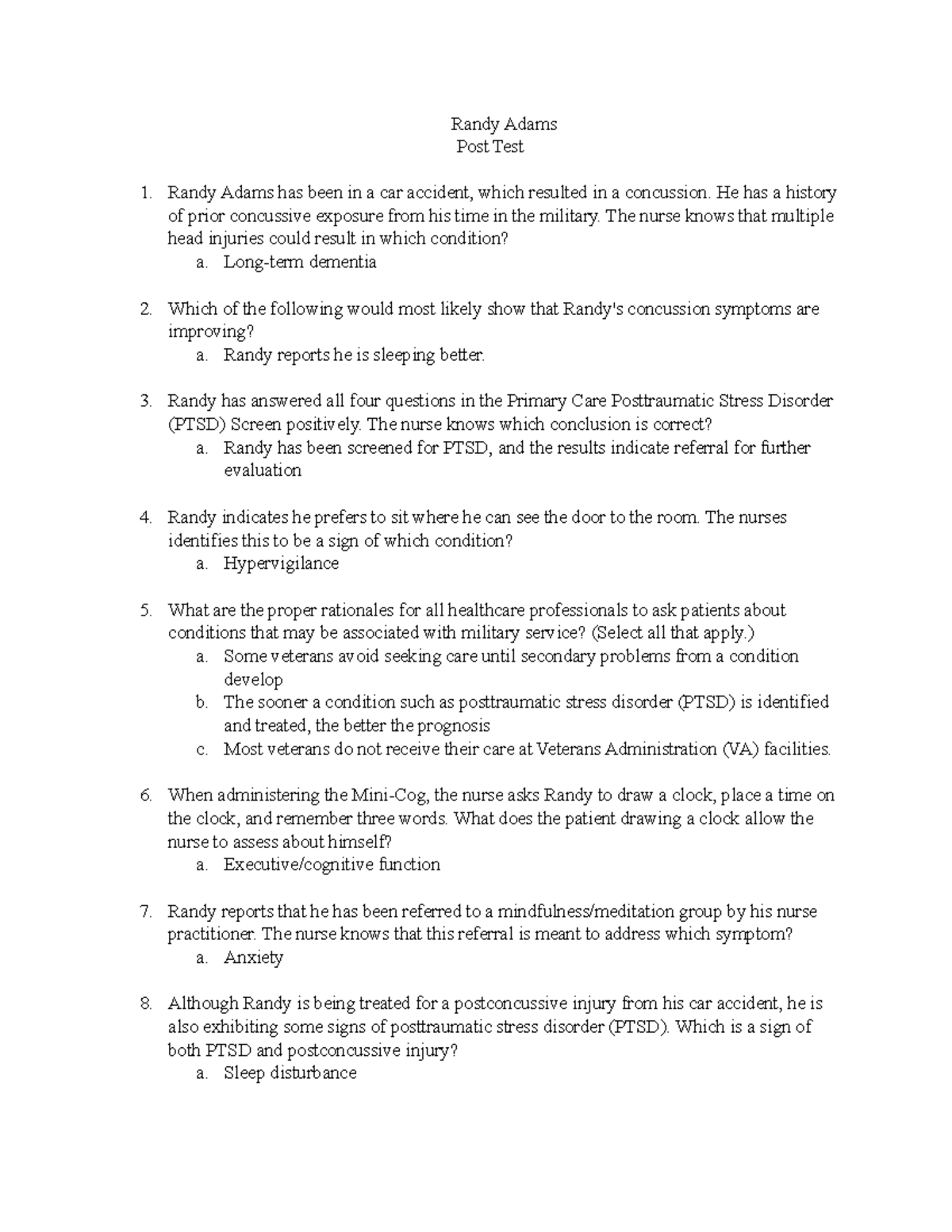 Randy Adams Post Quiz: Concussion & PTSD Assessment Insights - Studocu