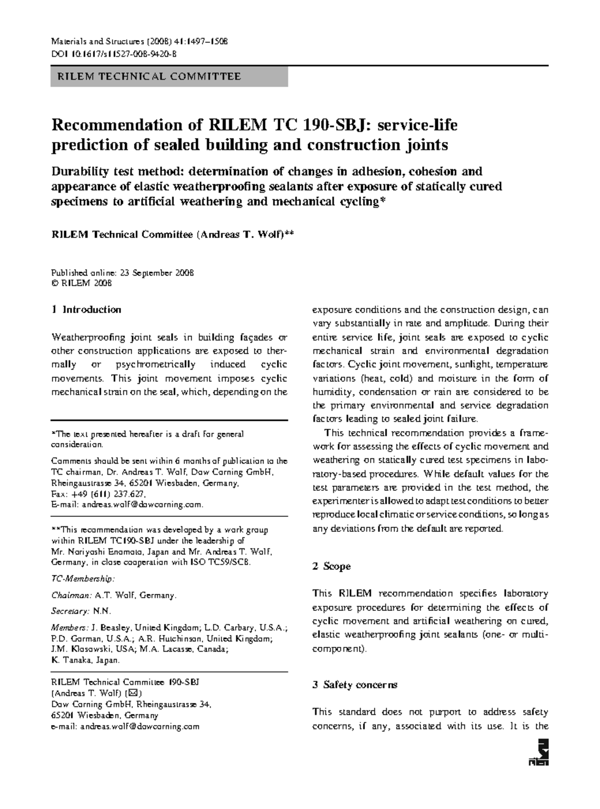 RILEM TC 190-SBJ: Durability Testing of Weatherproofing Sealants - Studocu