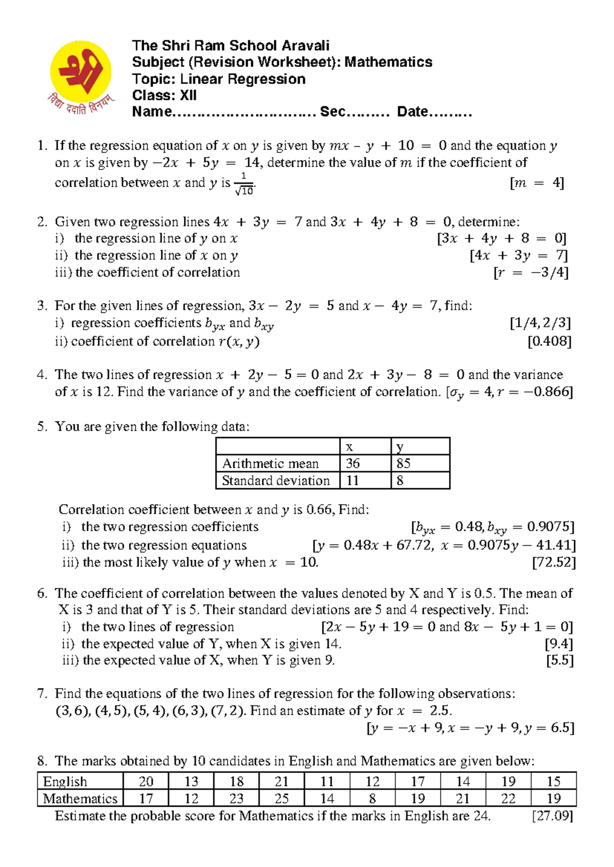 Mathematics XII Revision Worksheet: Linear Regression Concepts - Studocu