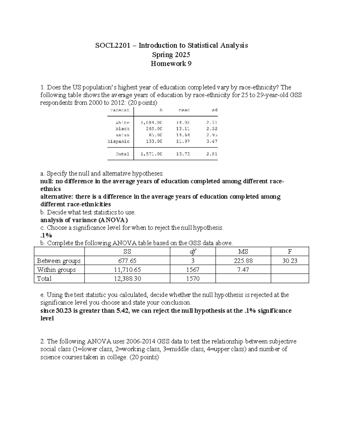 SOCL2201 - Homework 9: Hypothesis Testing & ANOVA Analysis Techniques ...