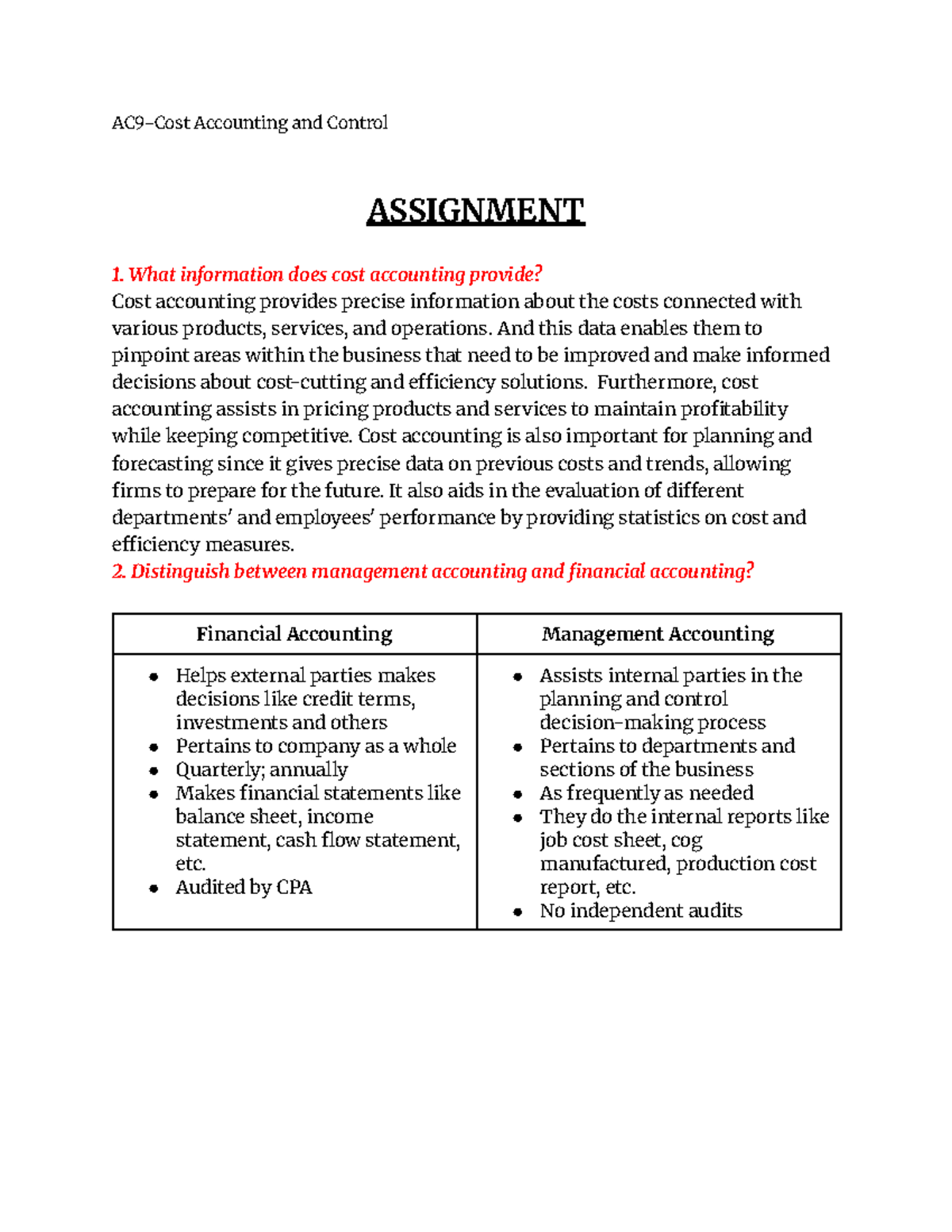 Costacc-assignment 1 - assignment - AC9-Cost Accounting and Control ...