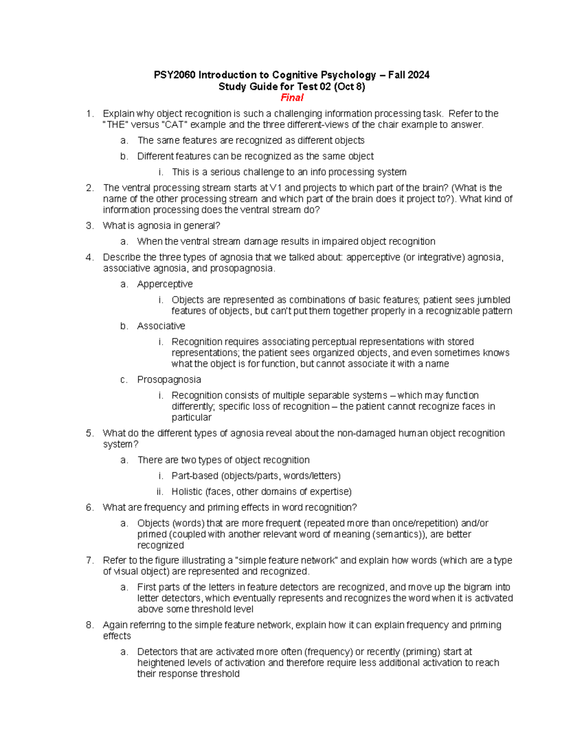 Cognitive Psychology PSY2060 - Study Guide for Test 2 (Final) - Studocu