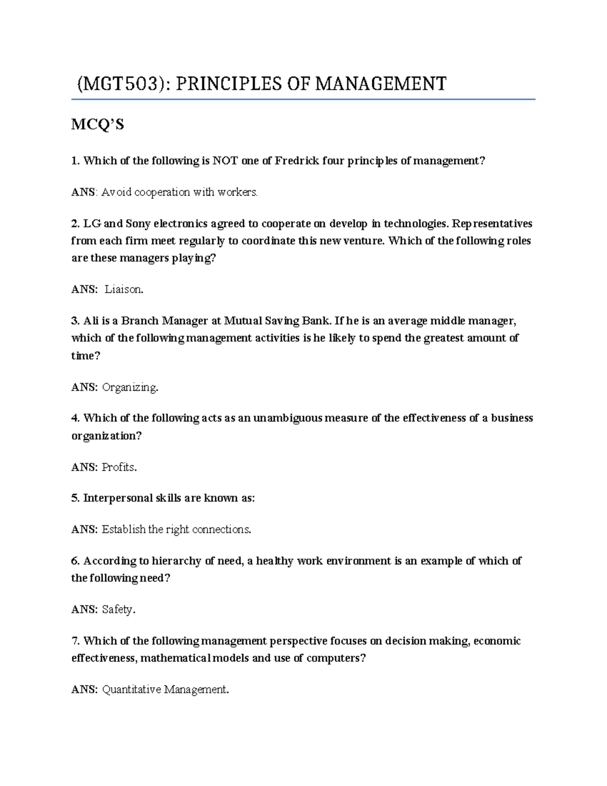 MGT 503 Principles of Management: Comprehensive MCQ Review Guide - Studocu