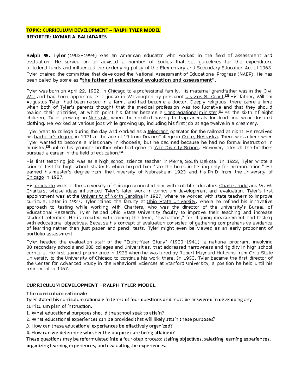 Ralph Tyler Model of Curriculum Development: Key Questions & Concepts ...