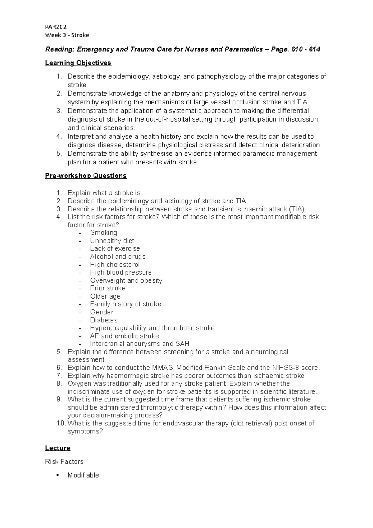 PAR202 Week 3- Stroke - Week 3 - Stroke Reading: Emergency and Trauma ...