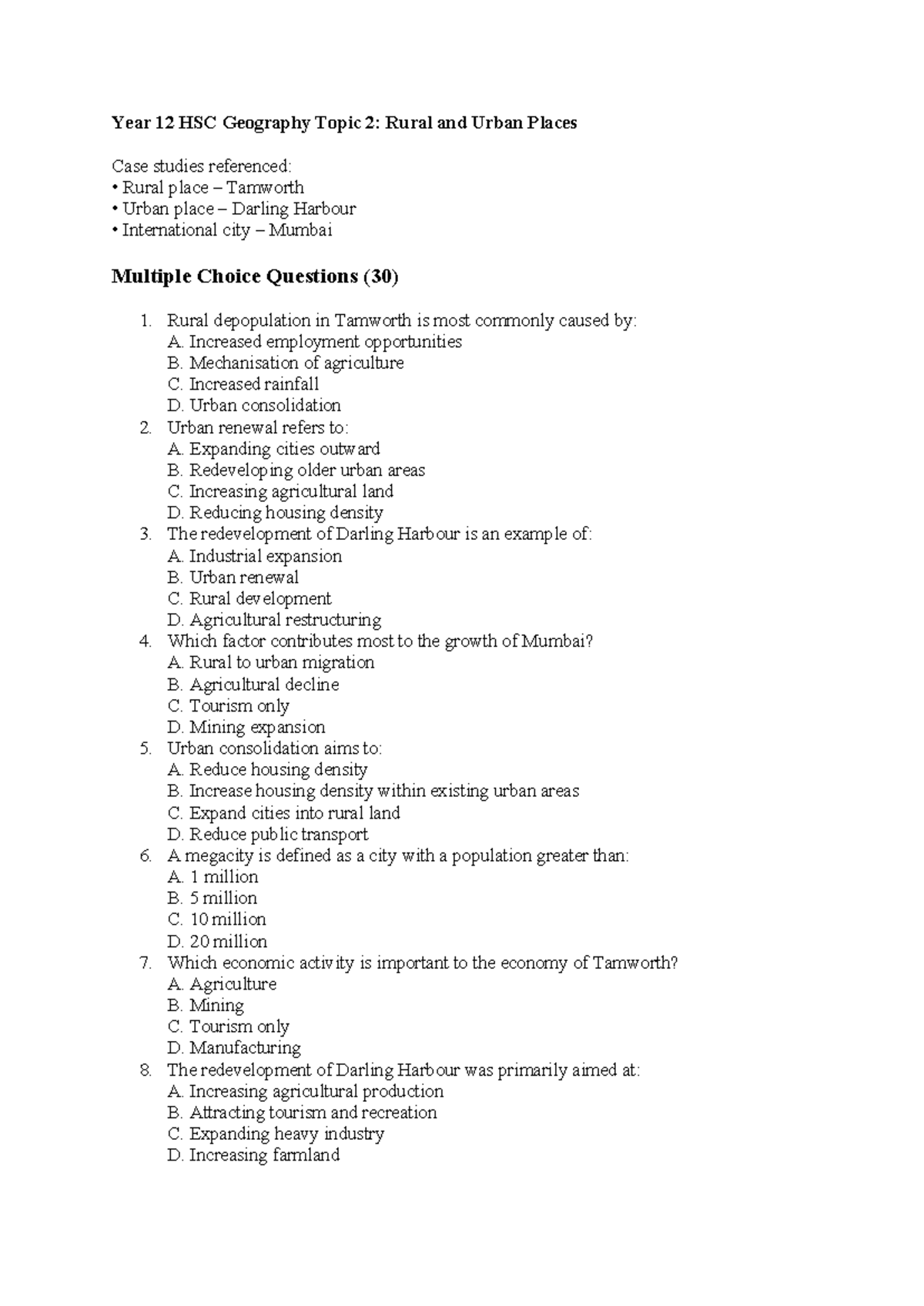 Year 12 HSC Geography Topic 2: Rural and Urban Places Q&A - Studocu