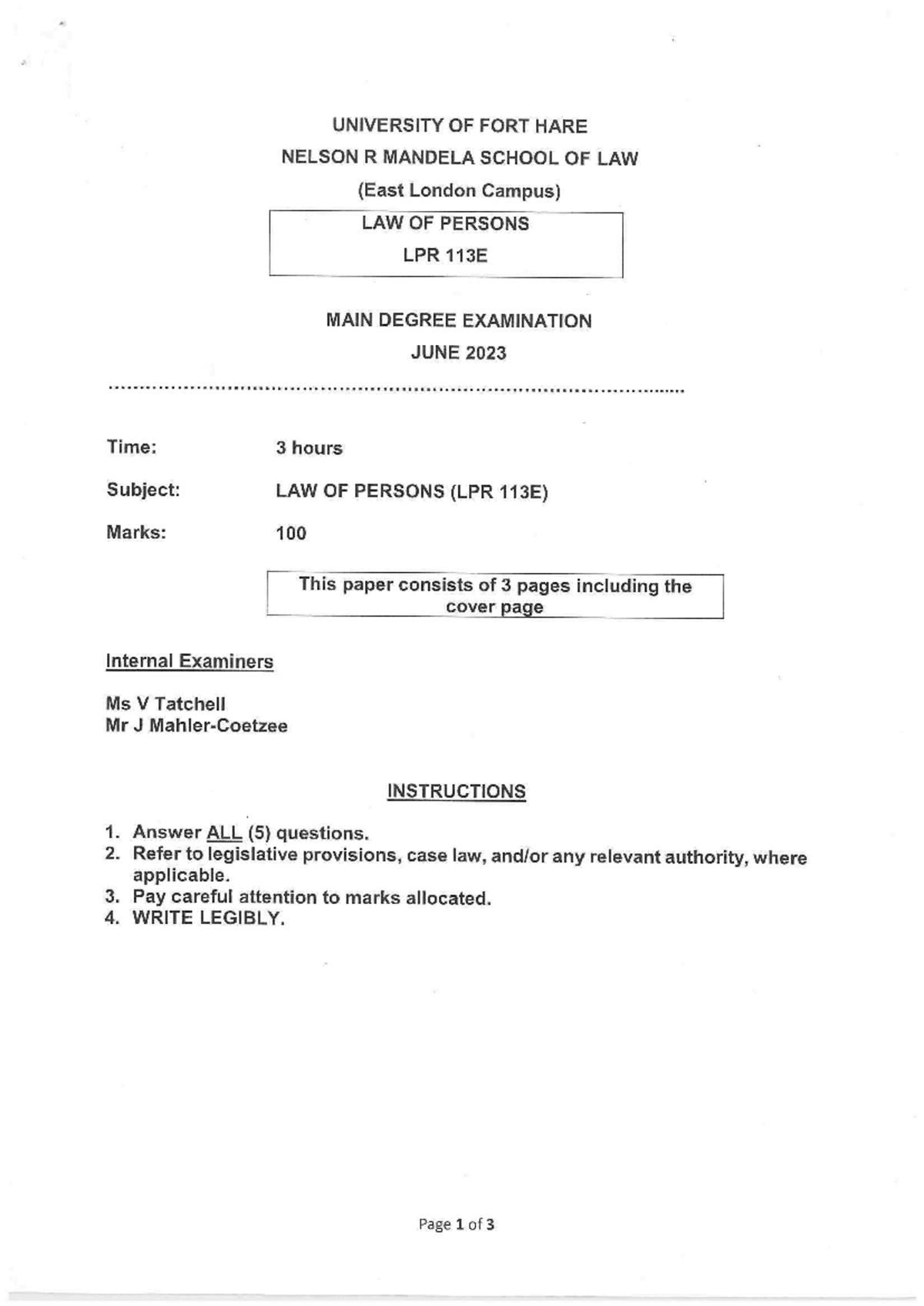 LPR 113E Final Exam: Law of Persons June 2023 Question Paper - Studocu