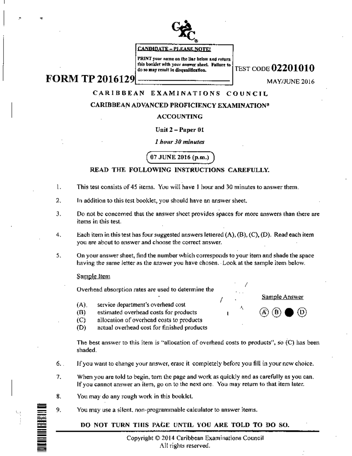 CAPE Accounting 2016 Unit 2 Paper 1 Exam Guide - Studocu
