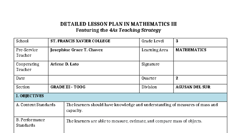 DETAILED LESSON PLAN IN MATH3: MEASURING MASS USING KILOGRAMS - Studocu