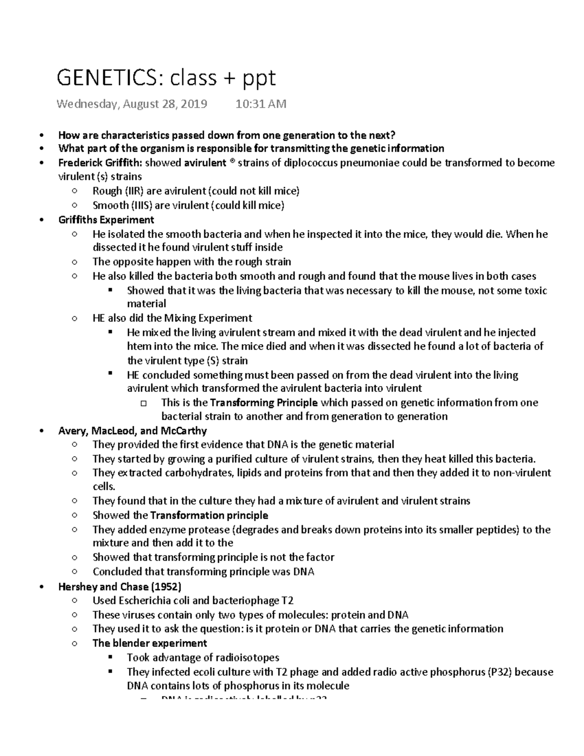 Genetics Lecture Notes 1 - Transforming Principles & Key Experiments ...