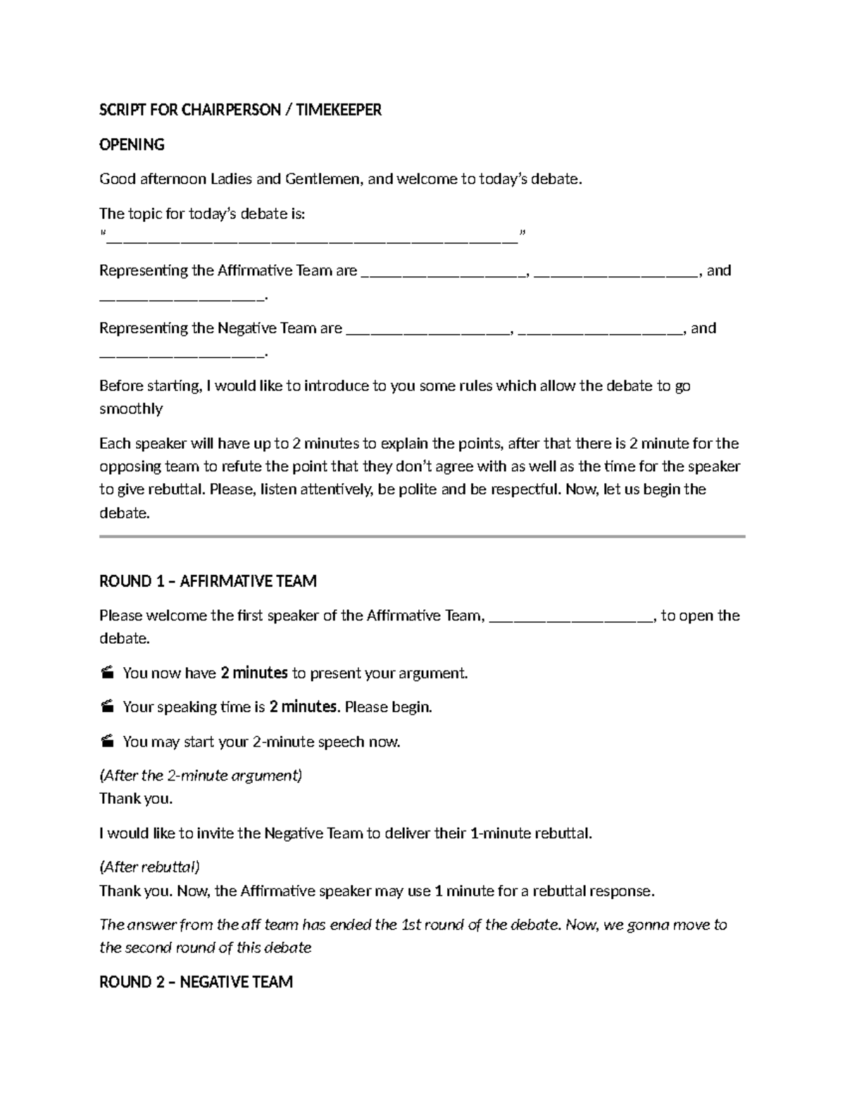 Debate Script for Chairperson: Opening & Rounds 1-4 - Studocu