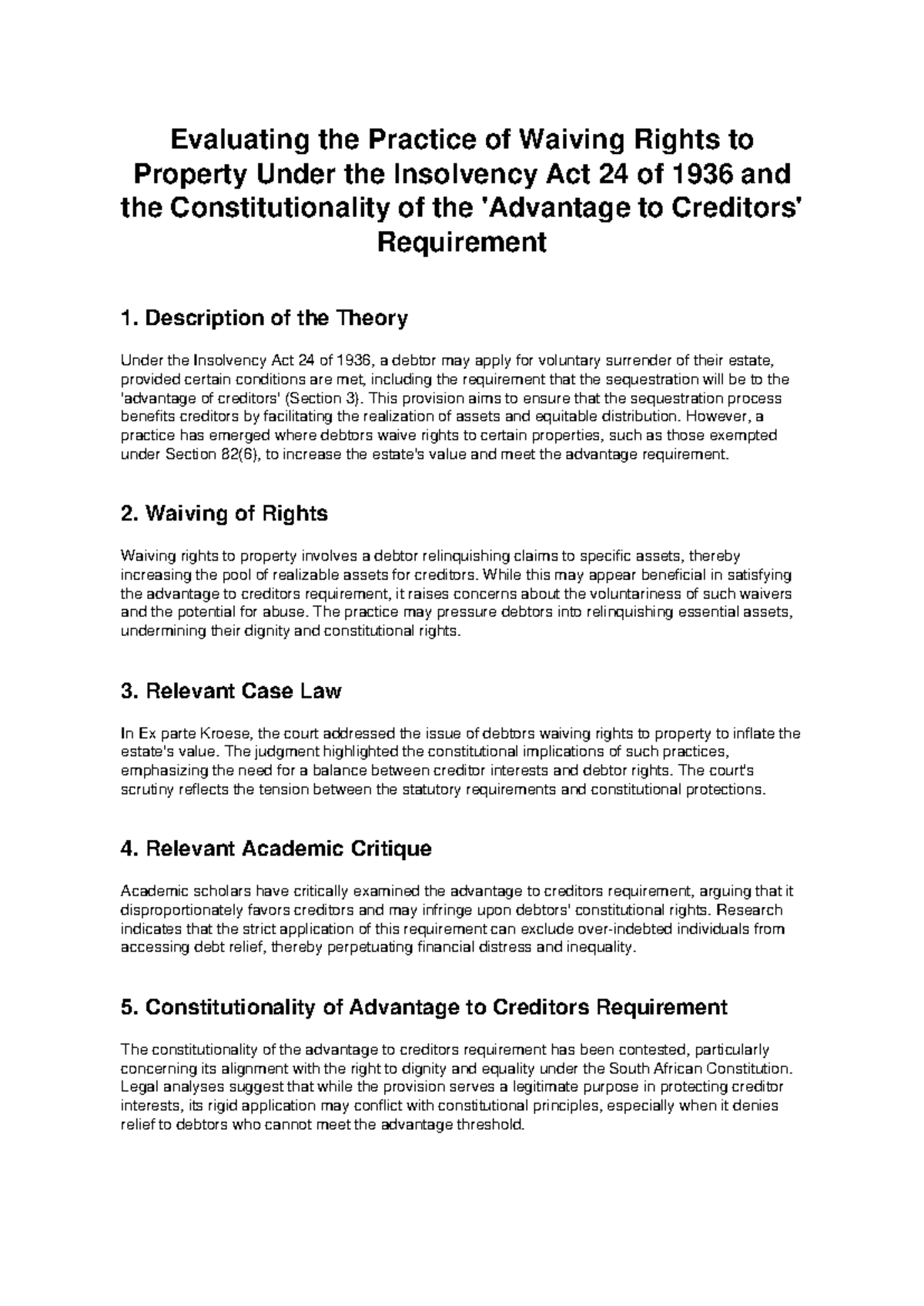 Insolvency Act 24 of 1936: Waiving Property Rights Essay - Studocu