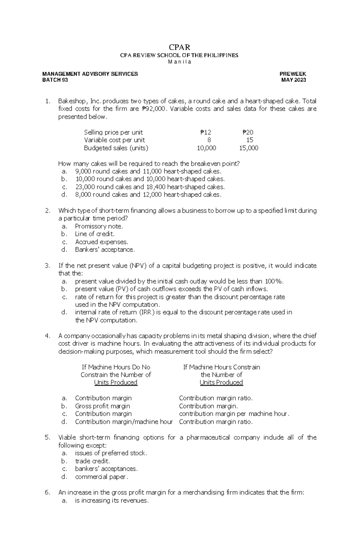 CPAR 93 MANAGEMENT ADVISORY SERVICES PREWEEK REVIEW NOTES - Studocu