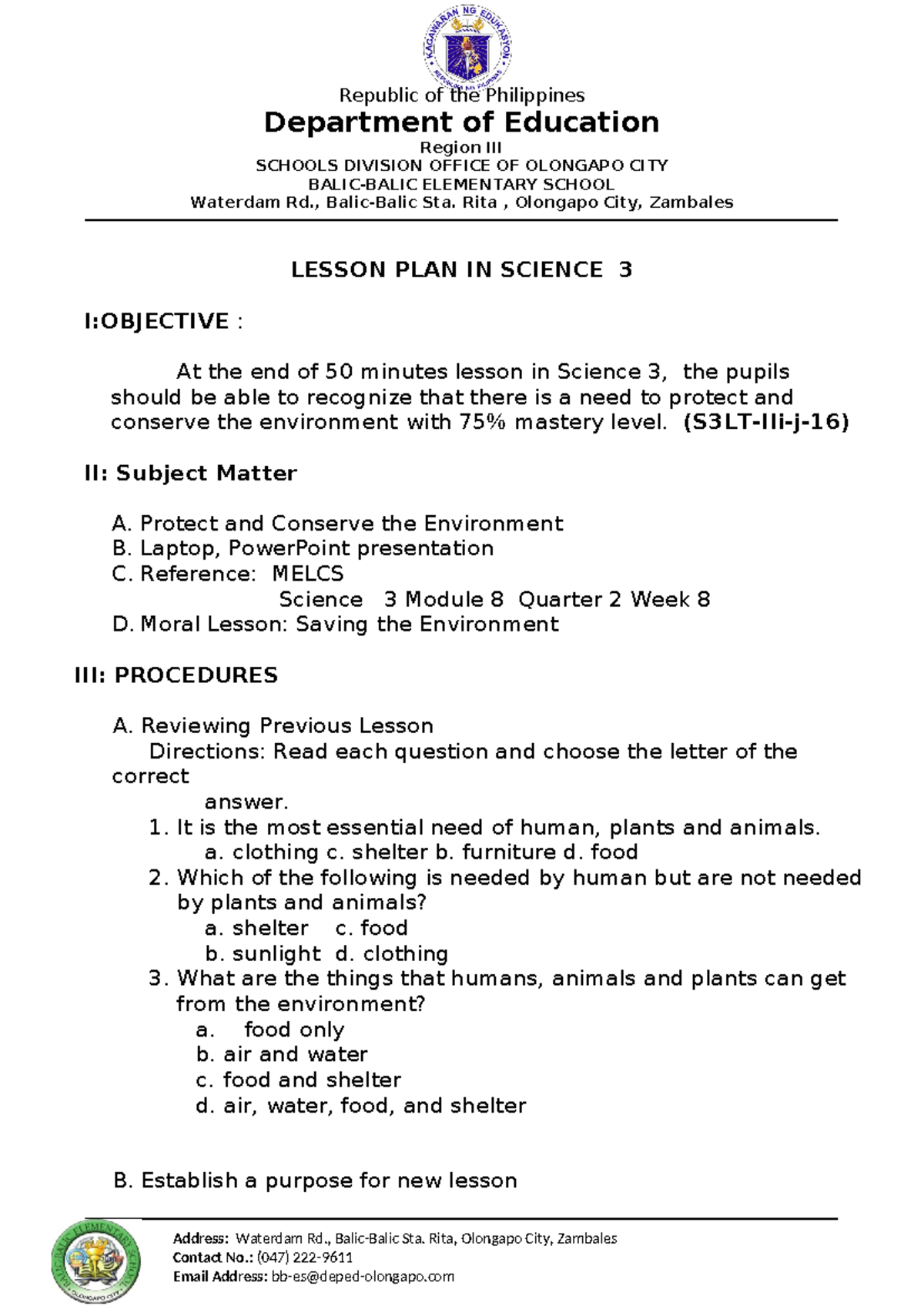 518408305 Science 3 Lesson Plan: Protecting the Environment - Studocu