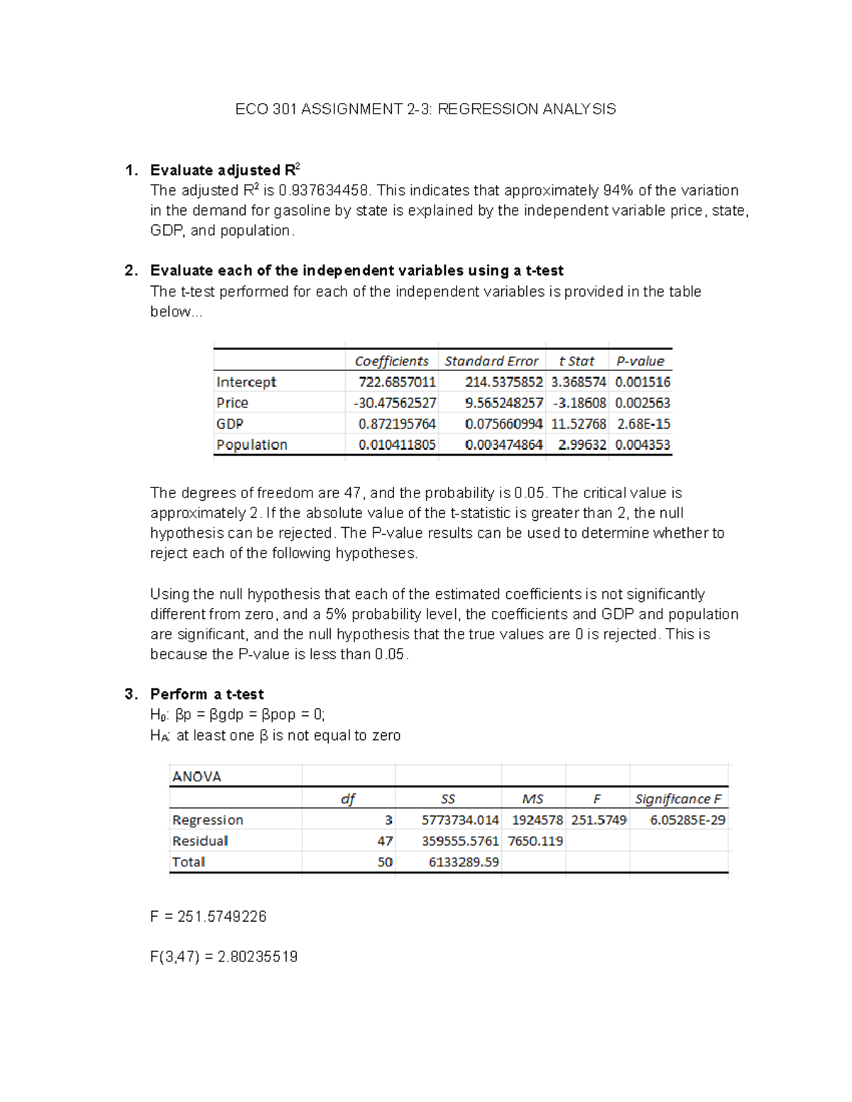 ECO 301 Assignment 2-3: Regression Analysis Insights and T-Tests - Studocu