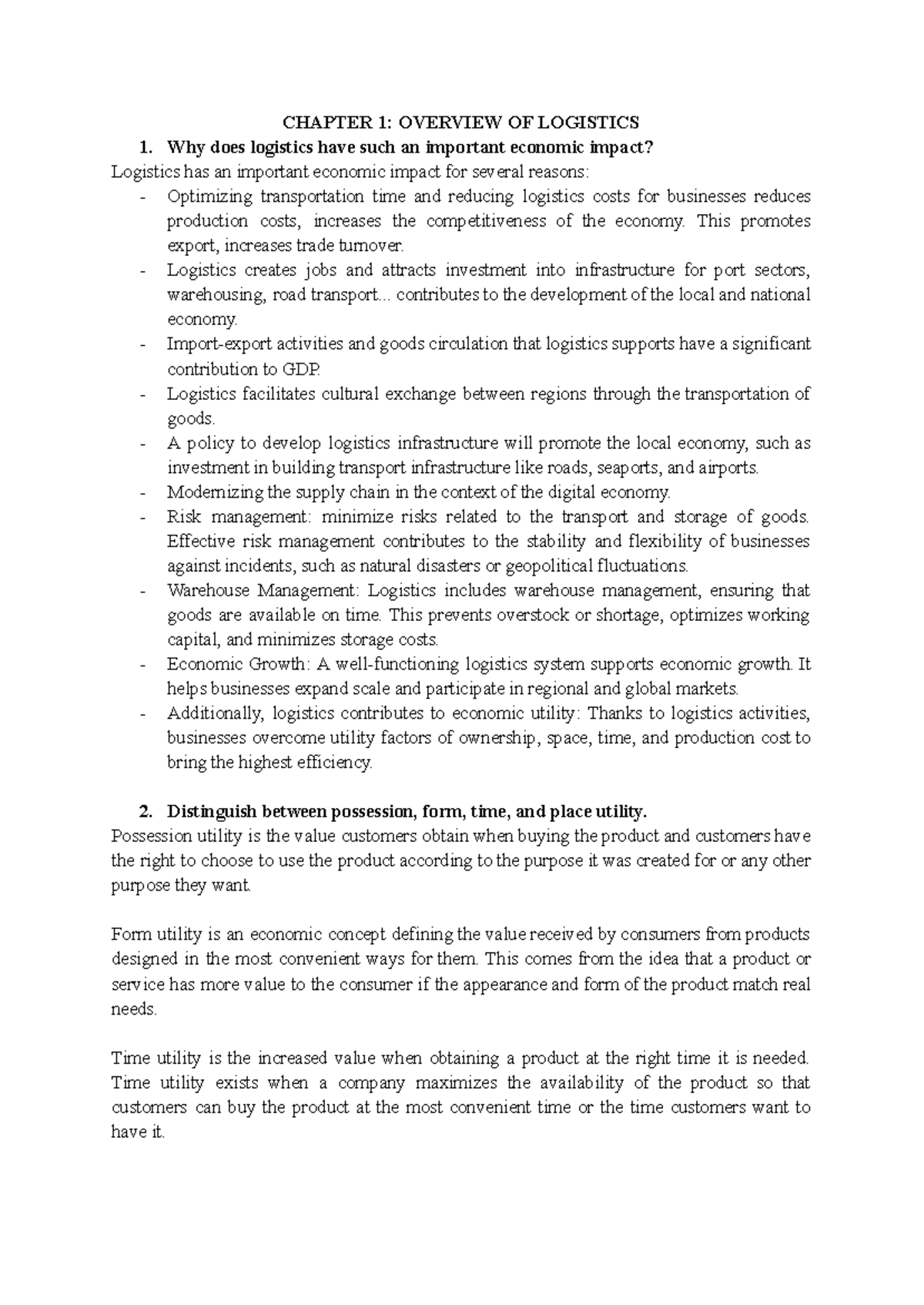 CHAPTER 1: OVERVIEW OF LOGISTICS AND ITS ECONOMIC IMPACT - Studocu