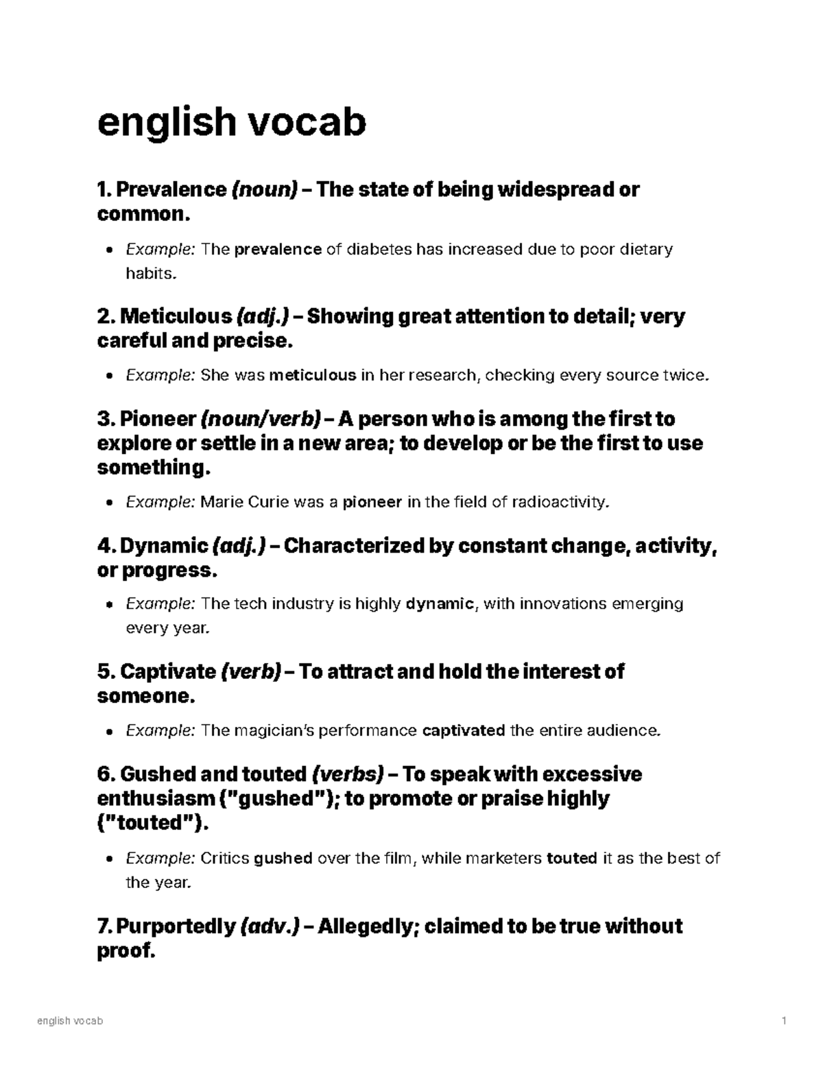 English Vocab List: Key Terms and Definitions for Study - Studocu