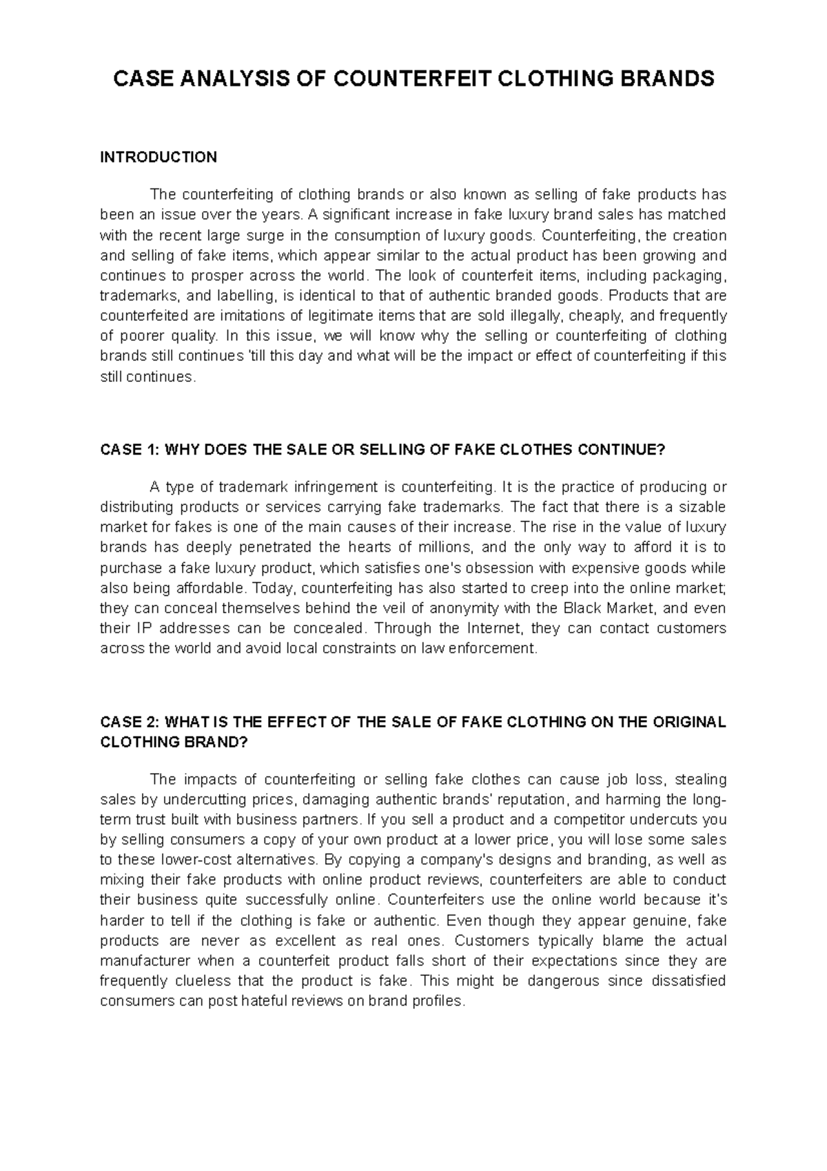 Case Analysis: Ethics of Counterfeit Clothing Brands - Studocu